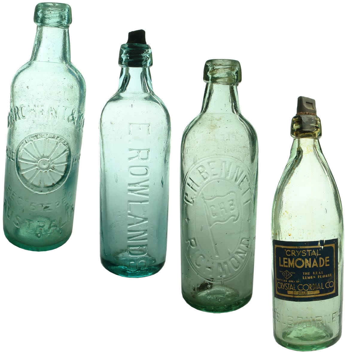 4 Internal Threads. Marchant & Co., Australia. Wagon Wheel. Reversed S Base Mark; E. Rowlands; G. H. Bennett, Richmond; P. G. Dixon & Co with Crystal Cordial Co Sale label.