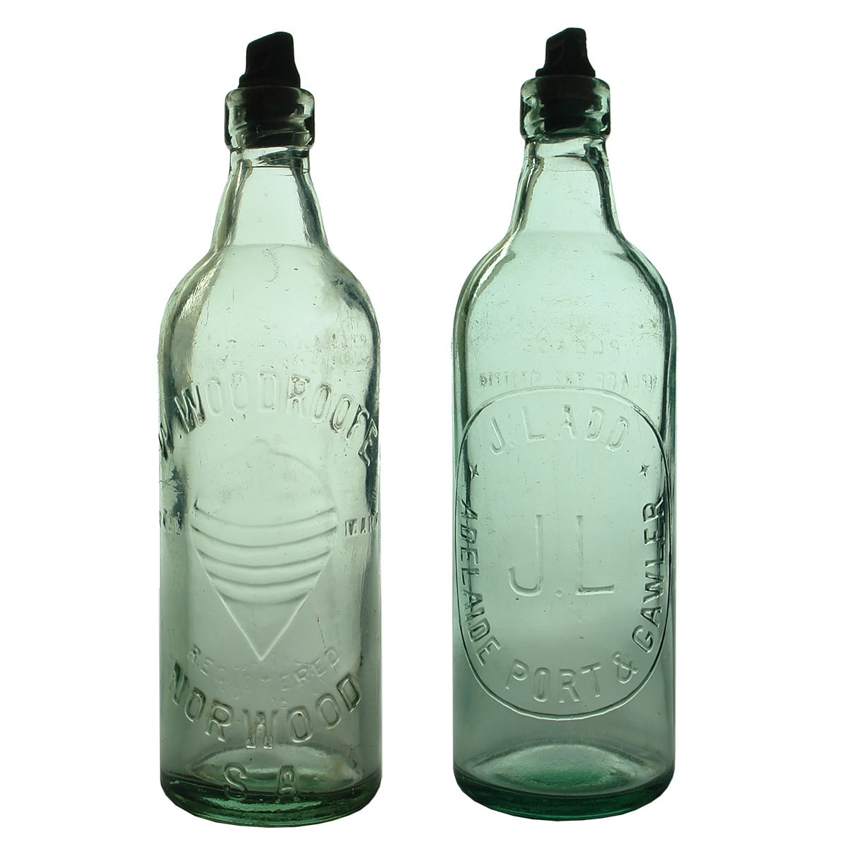 2 Machine Top Internal Threads. W. Woodroofe, Norwood and J. Ladd, Adelaide, Port & Gawler. Aqua. 26 oz. (South Australia)