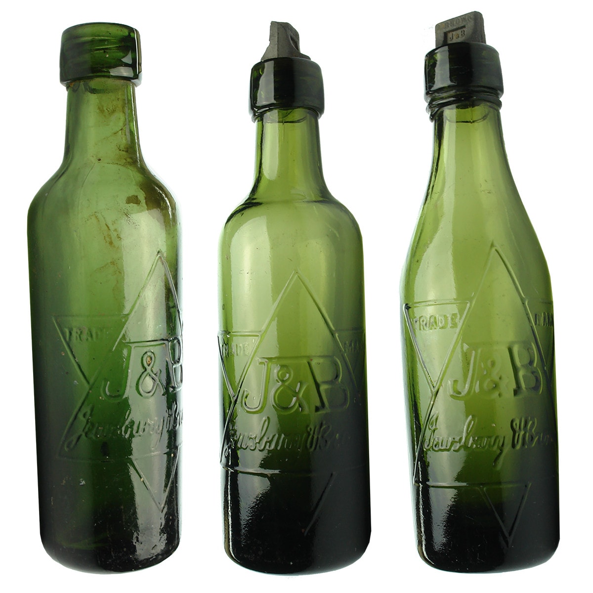 3 Internal Threads. Jewsbury & Brown. 3 variations in dark green. Applied tops. (UK)