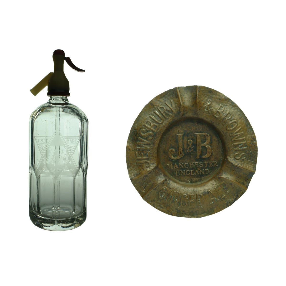 2 Items: Soda Syphon. Jewsbury & Brown Ltd. Manchester. St James shape. Clear. Plastic top; Copper Ashtray. Jewsbury & Brown, Manchester, England. (UK)
