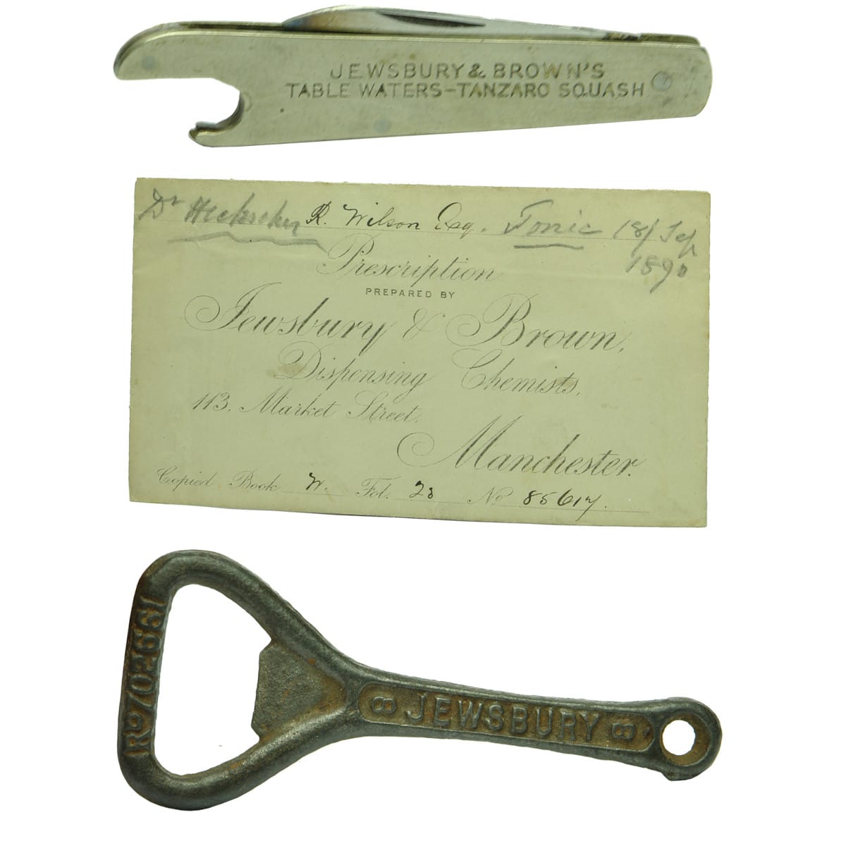 3 Items. 2 Openers & a Prescription Letter. Jewsbury & Brown cast iron crown seal opener; Jewsbury & Brown's Table Waters - Tanzaro Squash. Ellis's. Opener/Pocket Knife. Prescription Envelope. Jewsbury & Brown Dispensing Chemists 113 Market Street, Manchester. 1890. (UK)