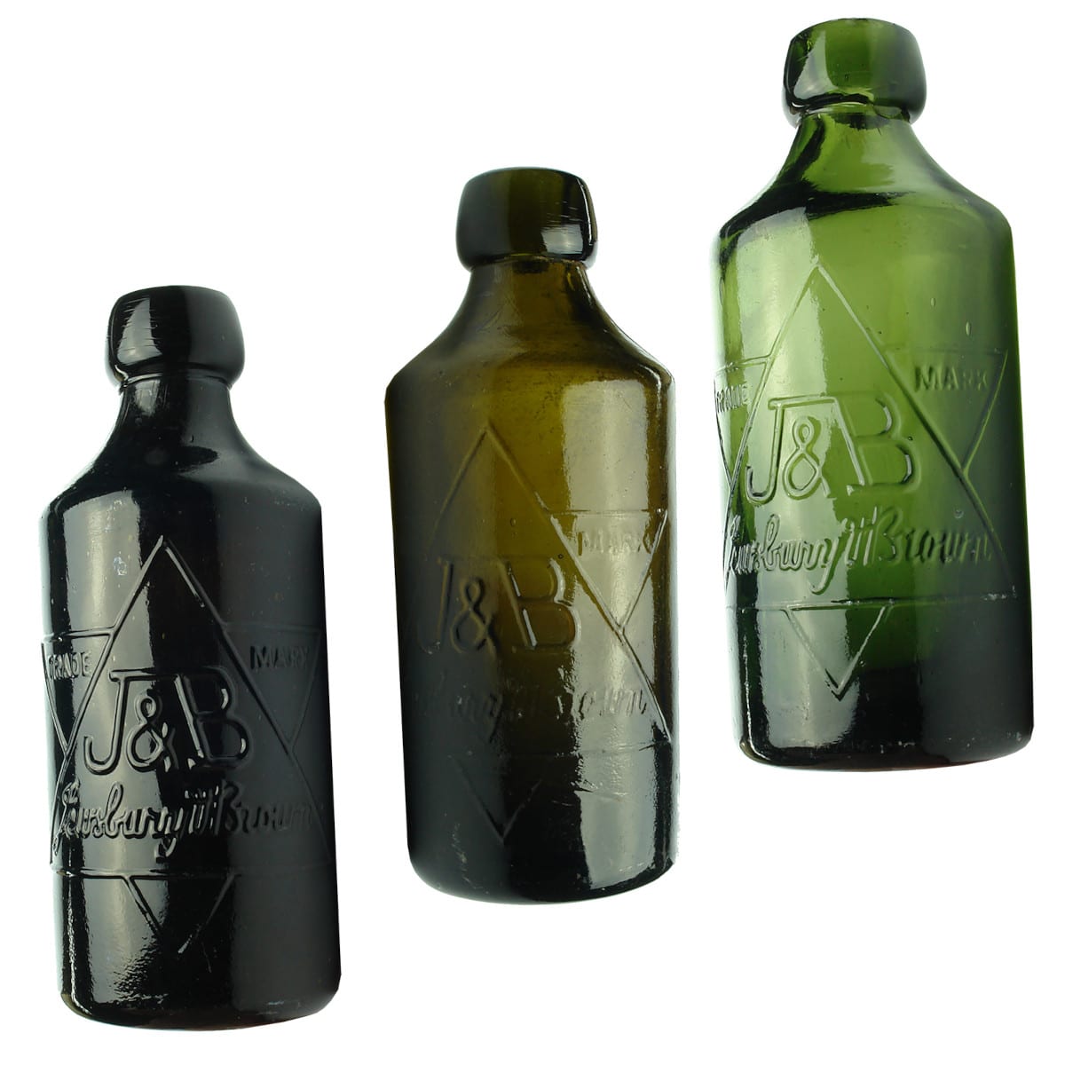 3 Blob top glass Ginger Beers or Sodas. Jewsbury & Brown. Black, Olive Green & Green. (UK)