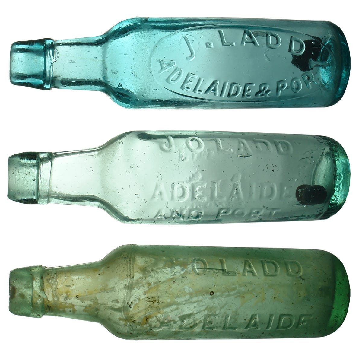 3 Bottles. 2 Lamonts & a Patent. J. Ladd, Adelaide & Port. Deep Aqua; J. O. Ladd, Adelaide and Port; J. O. Ladd, Adelaide. Tapp's Patent? (South Australia)