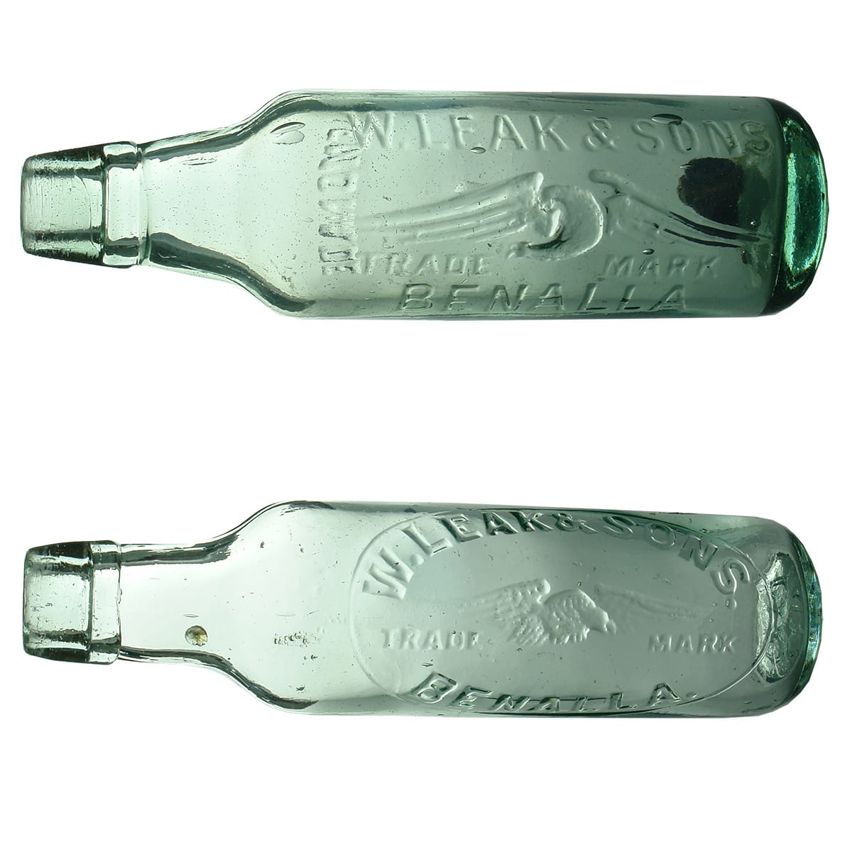 2 Lamonts. W. Leak & Sons, Benalla. Eagle. Lemonade. Later spun top type; W. Leak & Sons, Benalla. Eagle. Kilner Bros 4133 base. (Victoria)