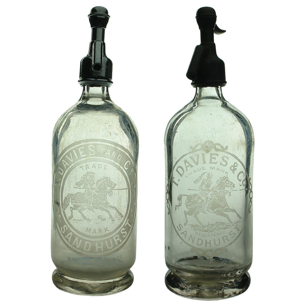 2 Soda Syphons. Different verisons of T. Davies and Co., Sandhurst. Knight on Horseback. (Victoria)