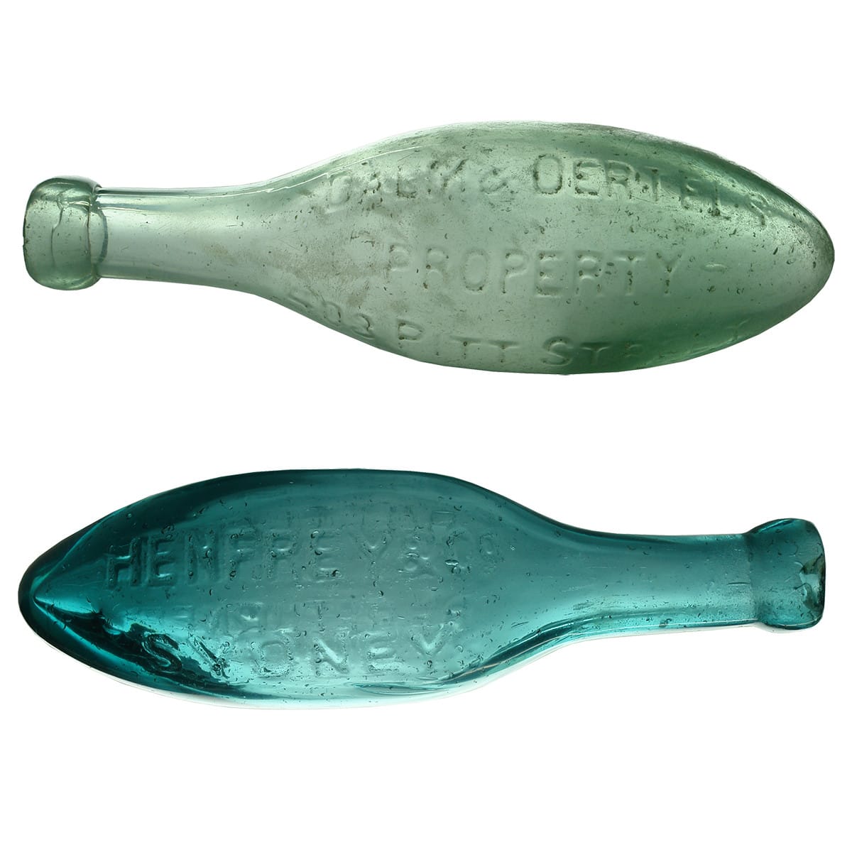 2 Sydney Torpedos. Dalm & Oertel, 403 Pitt Street. Aqua. 10 oz; Henfrey & Co., Sydney. Darker Ice Blue. 10 oz. (New South Wales)