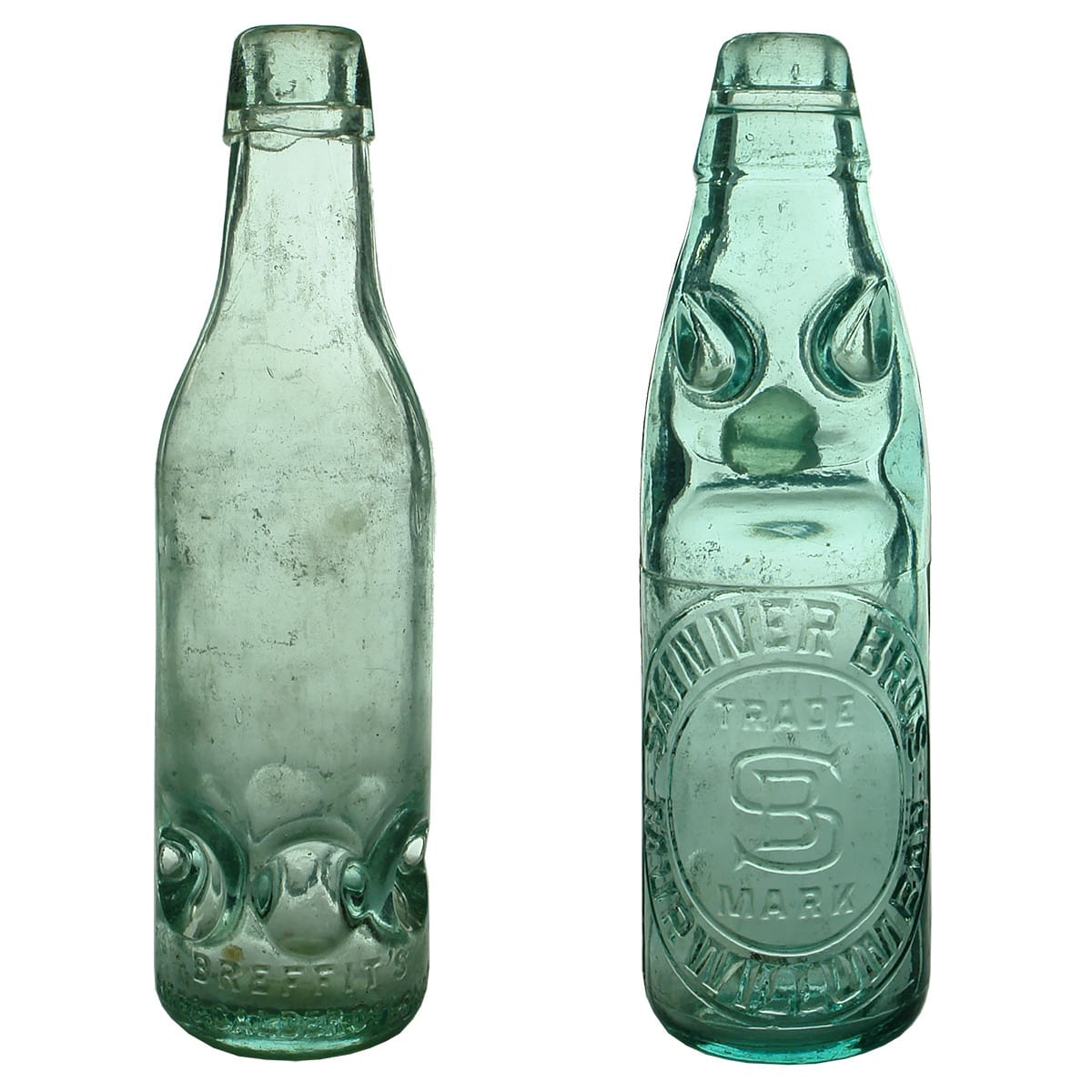 2 Aerated Waters. Breffit's Patent Aire & Calder Co; 2. Skinner Bros., Murwillumbah 6 oz Codd.
