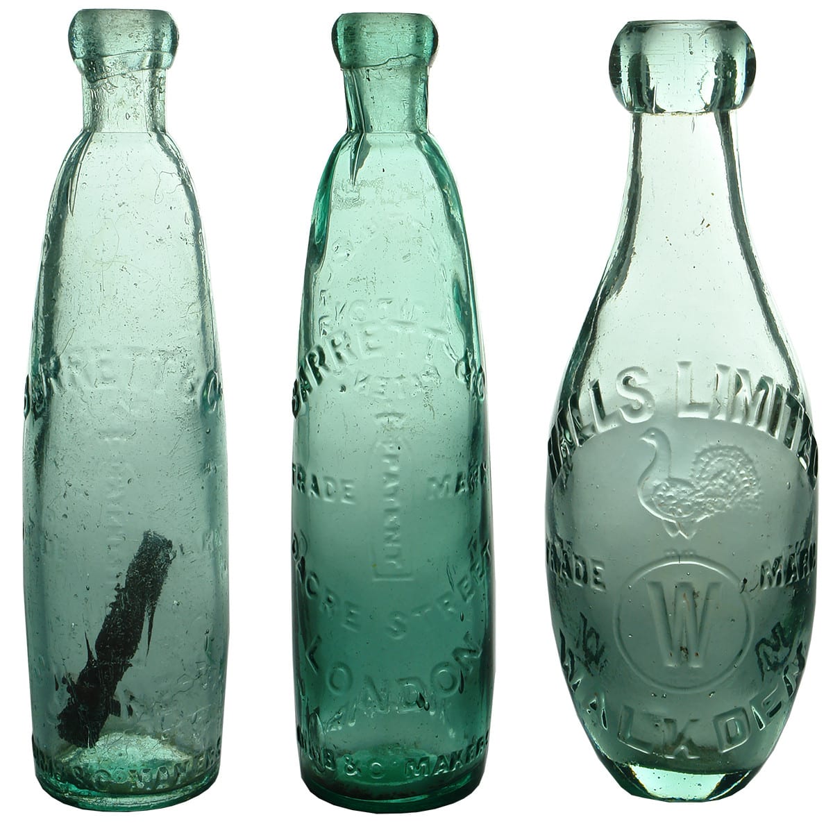 3 Bottles. 2 different Barrett & Co Patent stick bottles. Sydney and London; Halls Limited Walkden Rooster blob top skittle. (New South Wales & UK)
