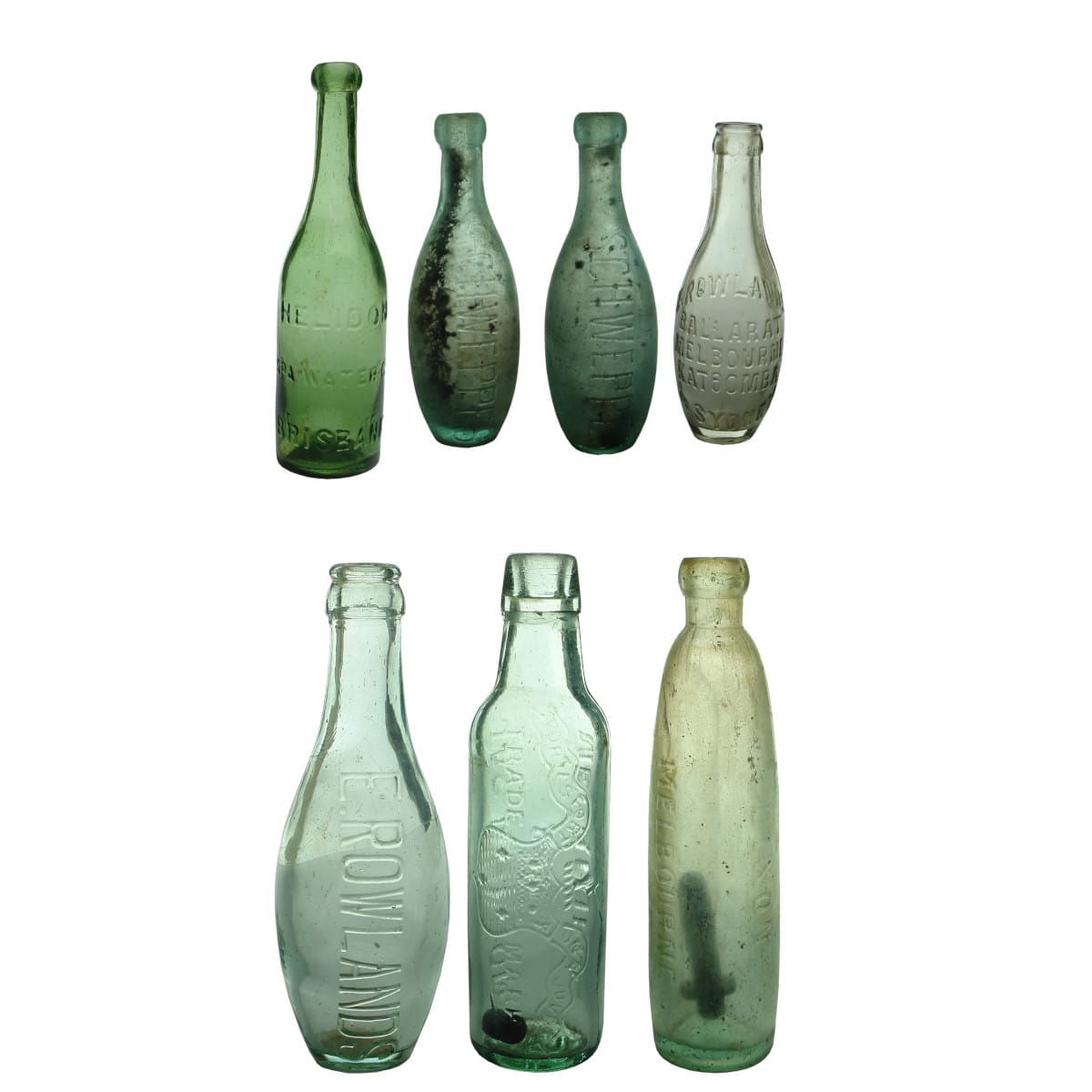 7 Aerated Water Bottles. Helidon Spa Water Co Ltd Brisbane; Schweppes; Schweppes Skittle; E. Rowlands skittles x 2; Jas Dickson Melbourne Lamont; Dixon Melbourne stick bottle.