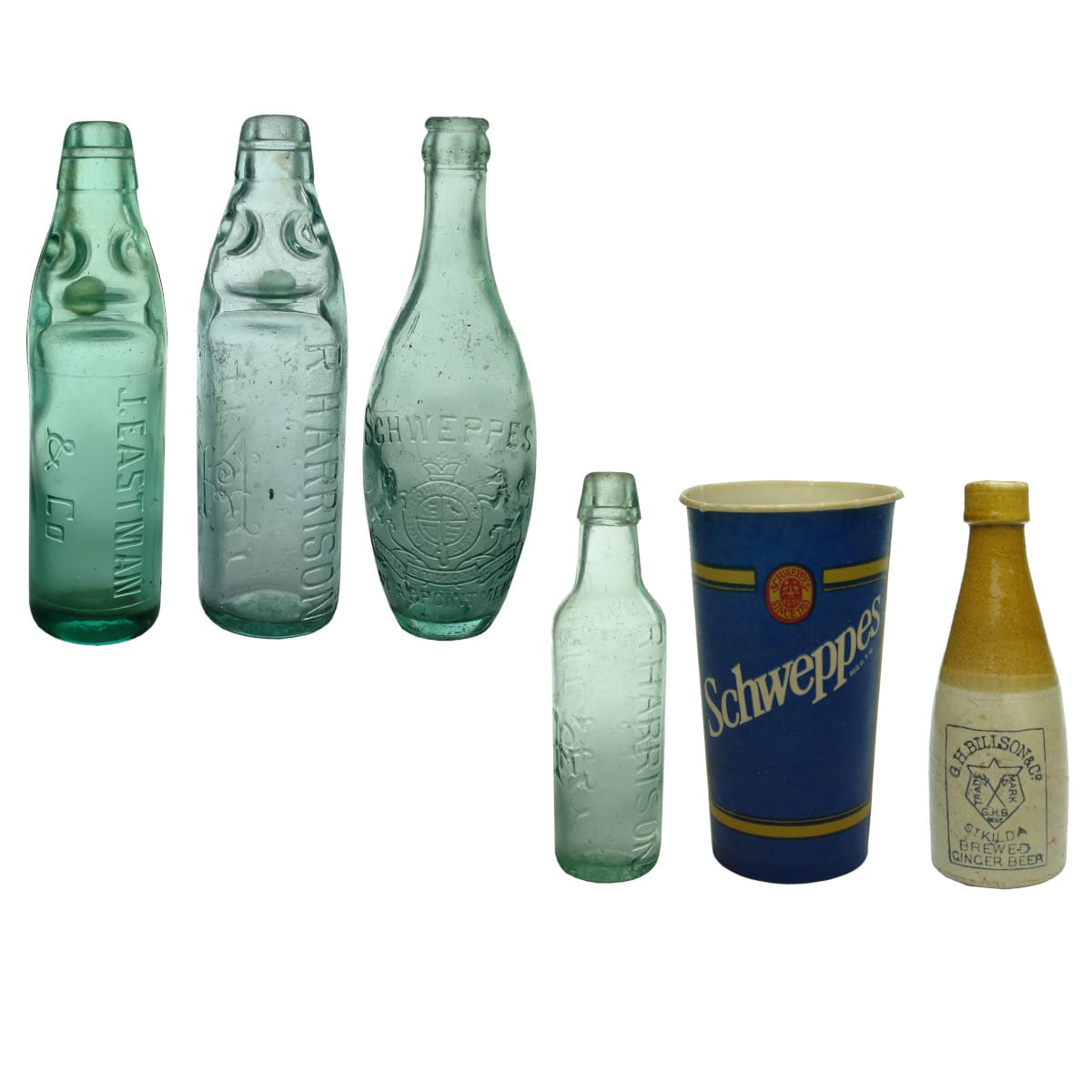 6 Items: J. Eastman & Co Codd; R. Harrison Fitzroy Codd; Schweppes Skittle; Harrison Lamont; Pepsi Schweppes Wax Cup; Billson St Kilda Ginger Beer.