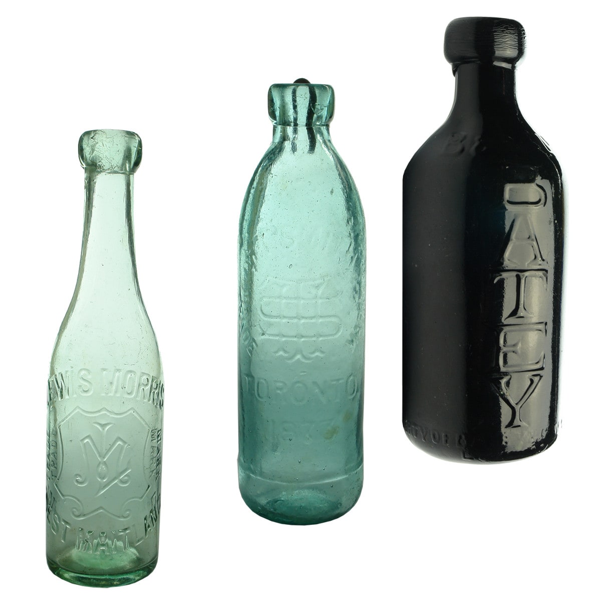 3 Sodas. Lewis Morris, West Maitland blob top; H. T. Smith Toronto Hutchinson Patent; Batey Suprema blob top.