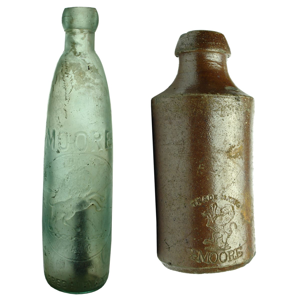 2 Moore, Newcastle Bottles: Stick Bottle. Alfred Alexander Maker. Rampant Lion; Ginger Beer. G. Moore. Rampant Lion. Impressed. Salt Glaze. (New South Wales)