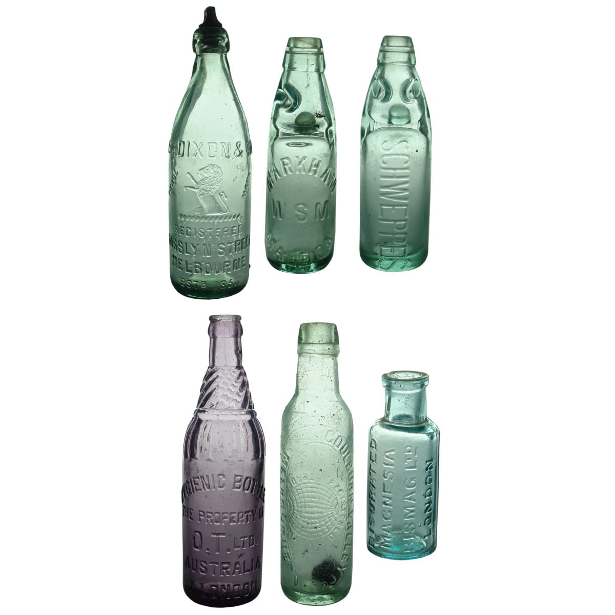 6 Bottles: P. G. Dixon, Melbourne Internal Thread; Markham Maldon Codd; Schweppes Codd; OT Ltd Hygienic Bottle Crown Seal; Goulburn Valley Co Lamont; Bismag Bisurated Magnesia.