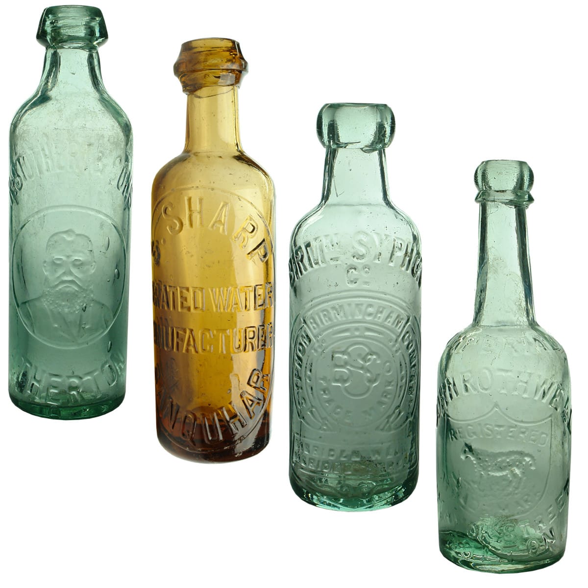 4 UK bottles: R. Stothert Atherton Internal Thread; S. Sharp Sanquhar Internal Thread; Birmingham Syphon Company Meriden Wells blob top; John Rothwell, Bolton. (UK)