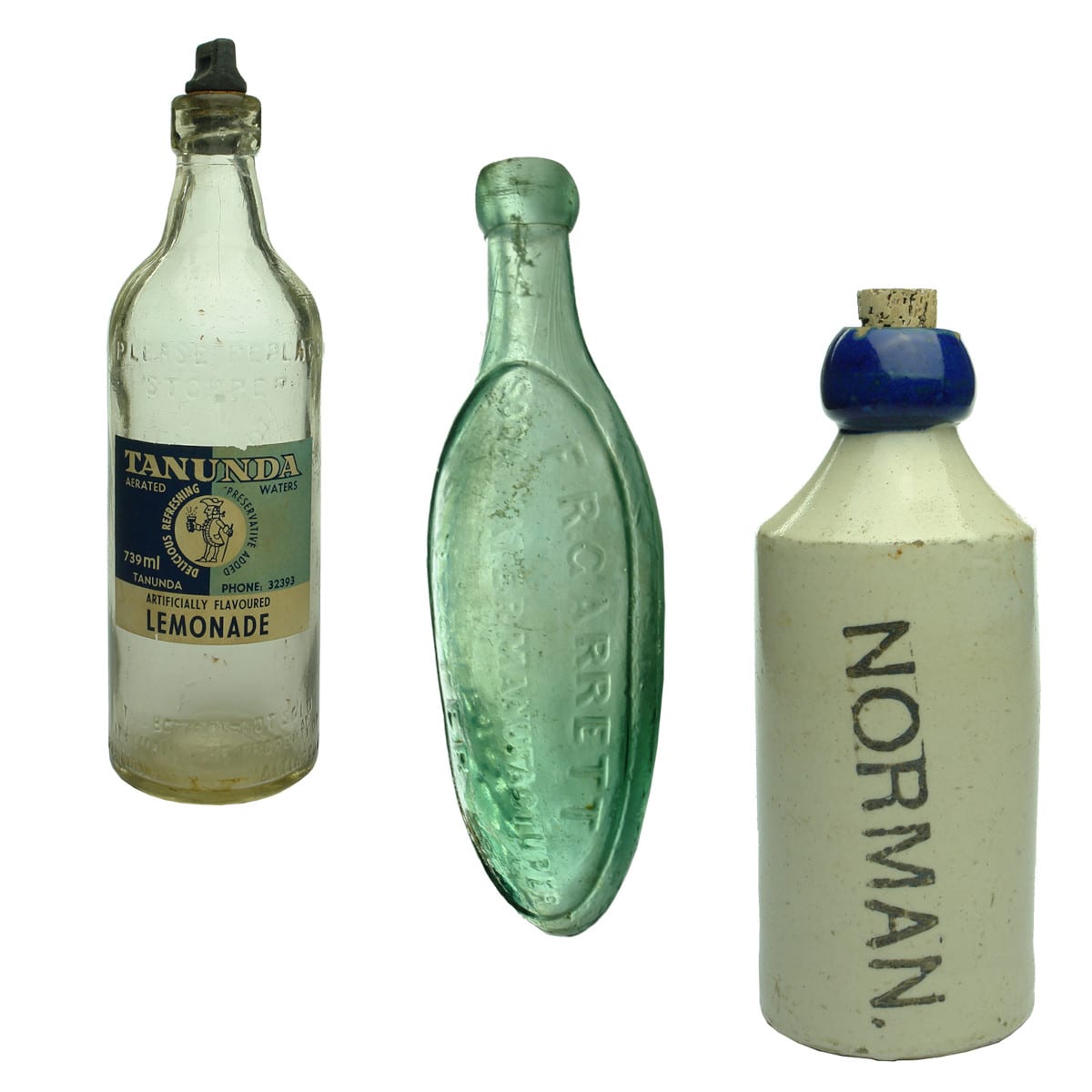 3 Bottles: LBM Internal Thread with Tanunda label; F. R. Garrett, Bicester torpedo; Norman ginger beer.