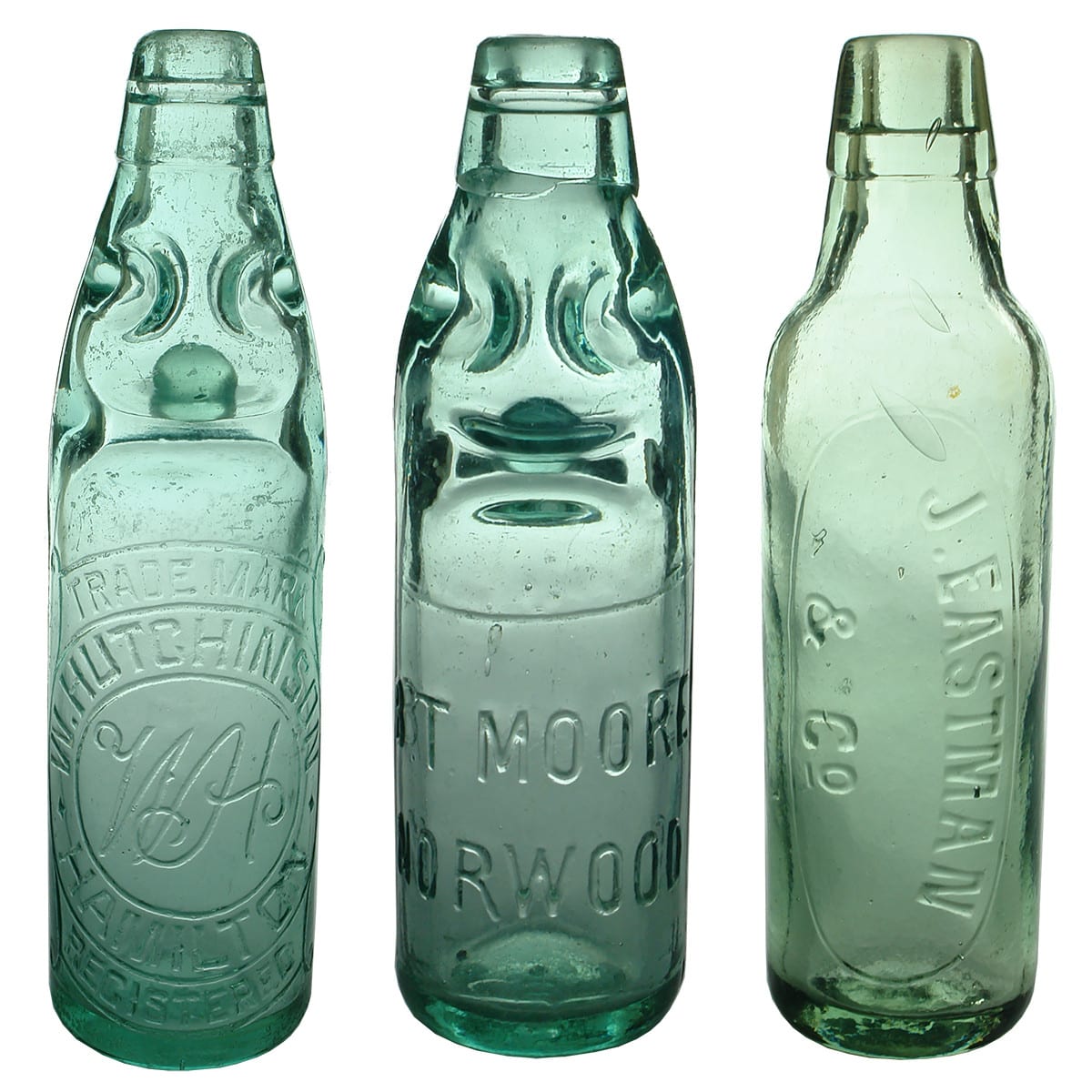 3 Aerated Waters. W. Hutchinson, Hamilton. Dobson Codd 10 oz; B. T. Moore, Norwood. FBH. Dobson Codd. 6 oz; J. Eastman & Co. Aqua. 10 oz. Lamont.