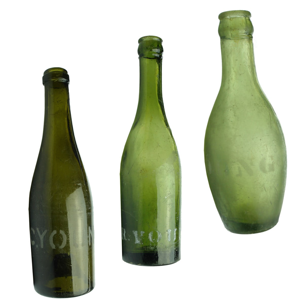 3 Sandblasted Bottles: Small Ring Seal with D. C. Young (Corowa) 2 different Crown Seals with R. Young (Rutherglen). (New South Wales & Victoria)