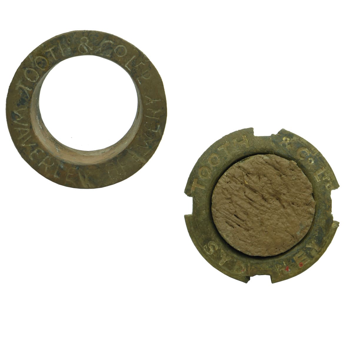 2 different brass barrel bung surrounds: Tooth & Co Ltd Waverley Brewery and Tooth & Co Ltd Sydney. (New South Wales)
