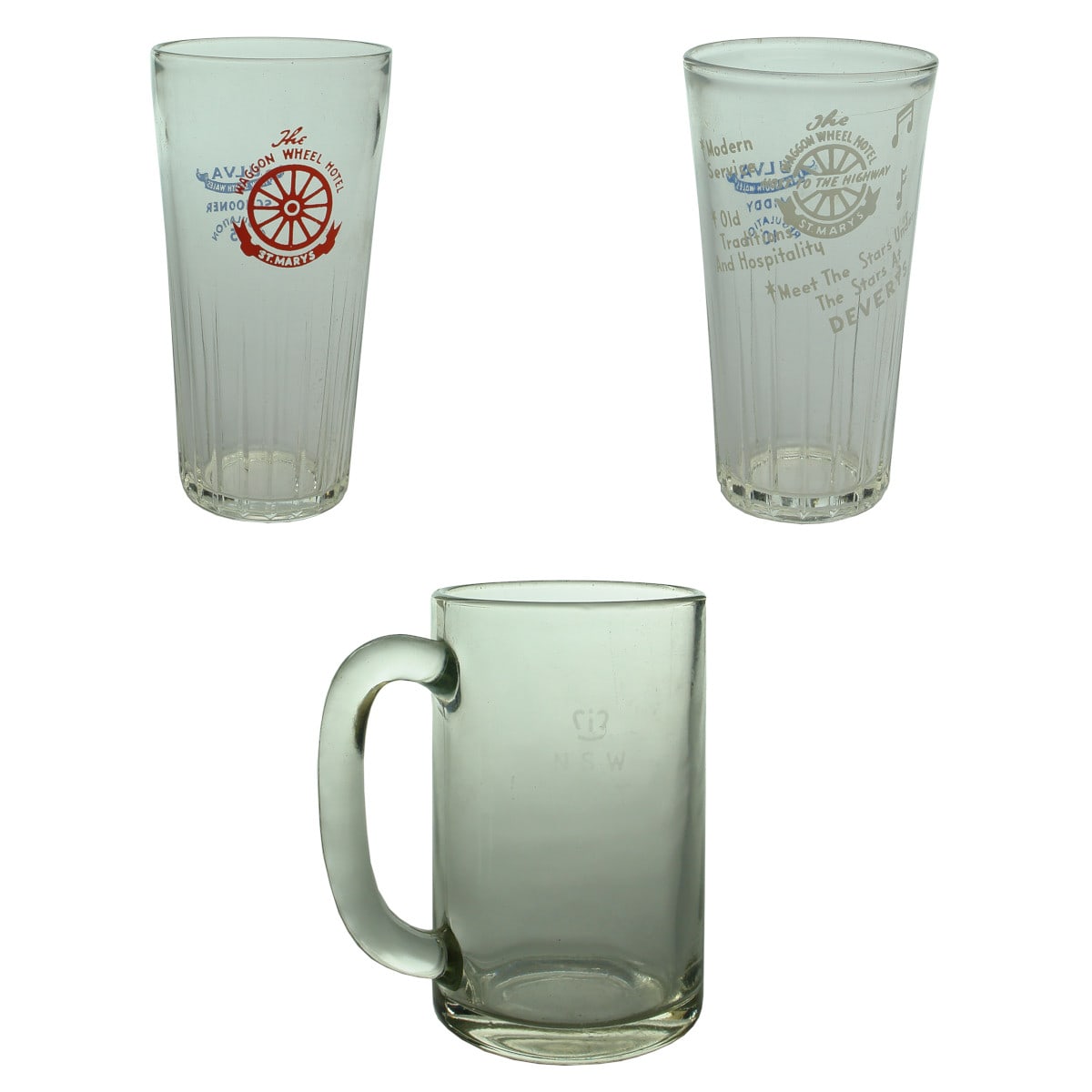 3 Beer Glasses. Middy & Schooner from the Wagon Wheel Hotel, St Mary's. Ceramic label prints. and Handled Beer Mug. Etched Crown NSW Pint. (New South Wales)