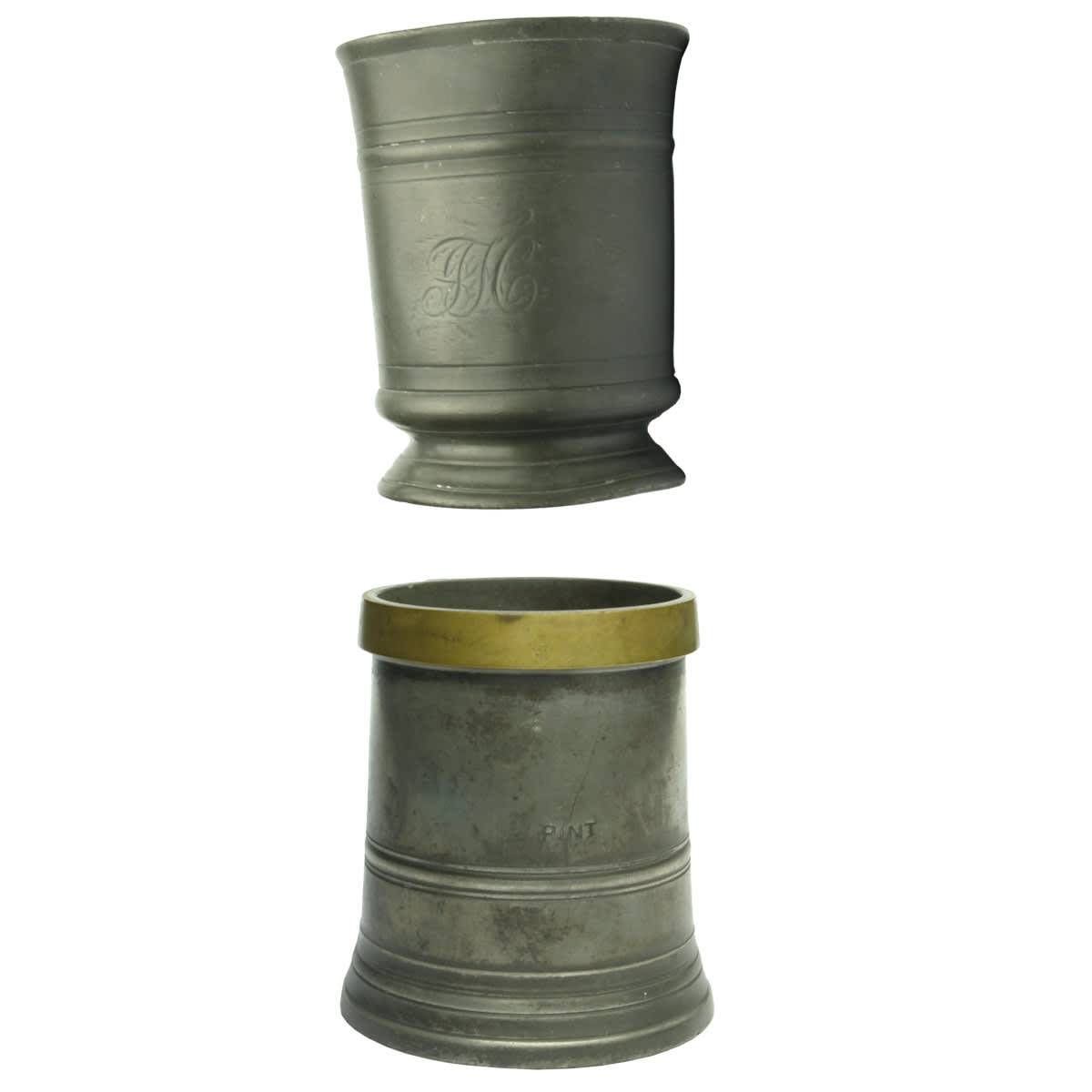 2 Pint Pewter Mugs: Monogram to Front; Gaskell & Chambers, Birmingham Pewter Mug.
