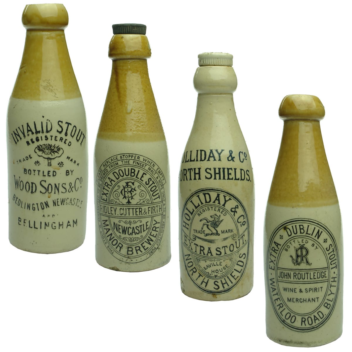 4 Stone Stouts: Wood Sons & Co; Ridley, Cutter & Firth; Holliday & Co; John Routledge. Newcastle, North Shields, Blyth etc.