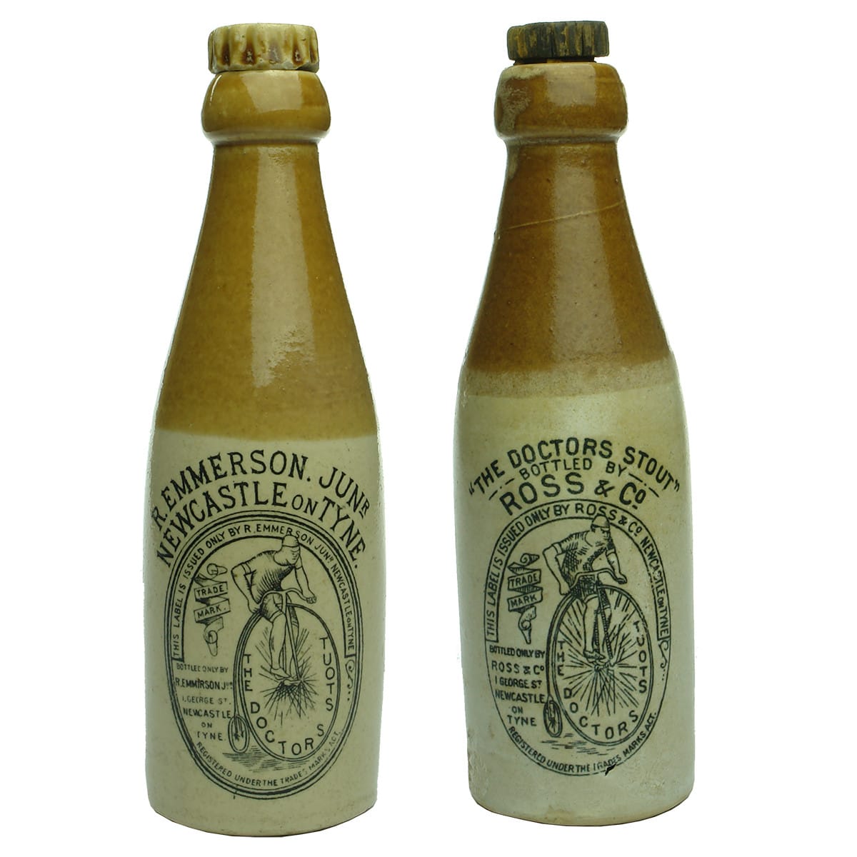 2 Stone Stouts: R. Emmerson Junr, Newcastle on Tyne and The Doctors Stout bottled by Ross & Co. Both with Penny Farthing pictorial trade marks. (UK)