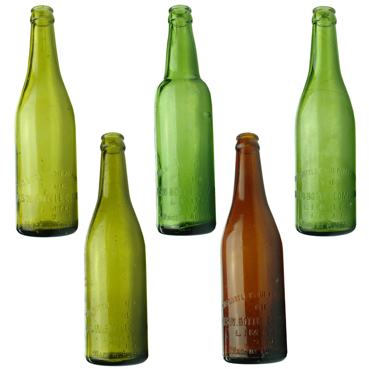 5 NSW Bottle Company half size Crown Seal Beers. 1919 - 1921. All different in some way. (New South Wales)