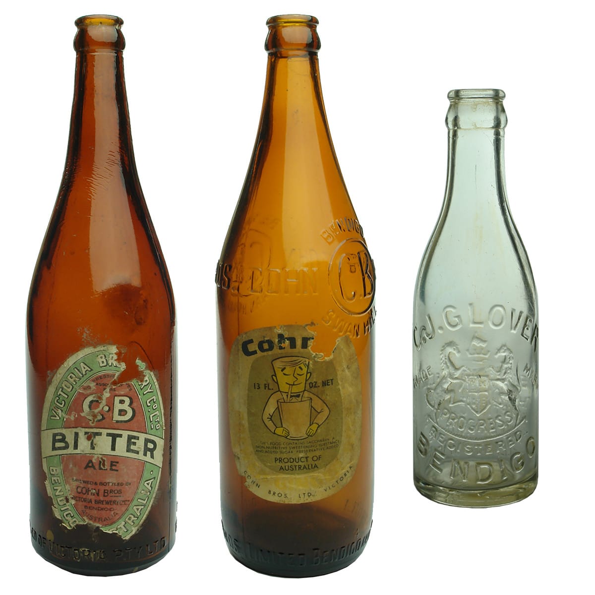 3 Bendigo Bottles: 2 labelled Cohn Bros Beers; C. J. Glover 6 oz Crown Seal. (Victoria)