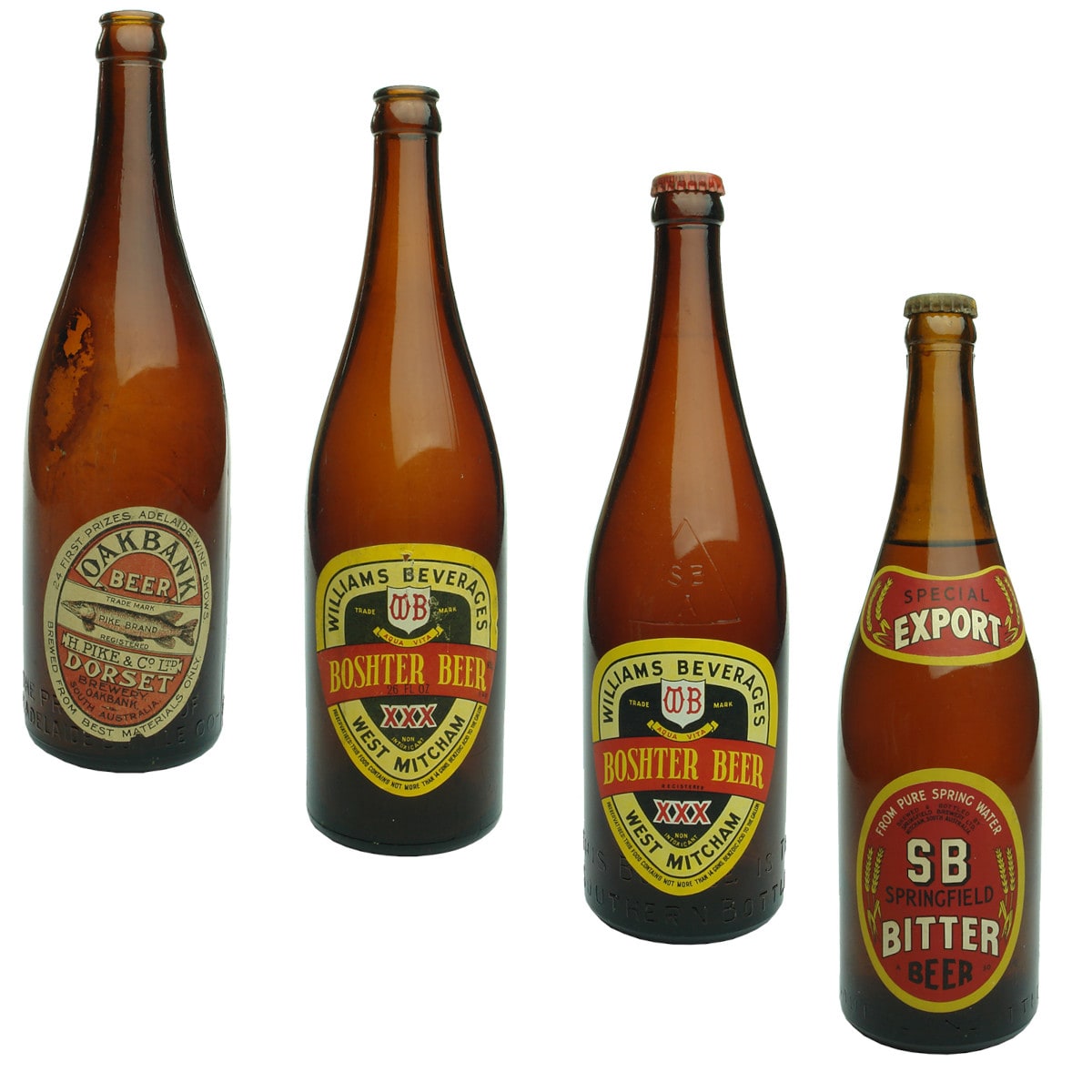 4 labelled SA Beers: H. Pike & Co Dorset Brewery Oakbank; 2 x Williams Beverages Boshter Beer West Mitcham; Springfield Bitter Beer. (South Australia)