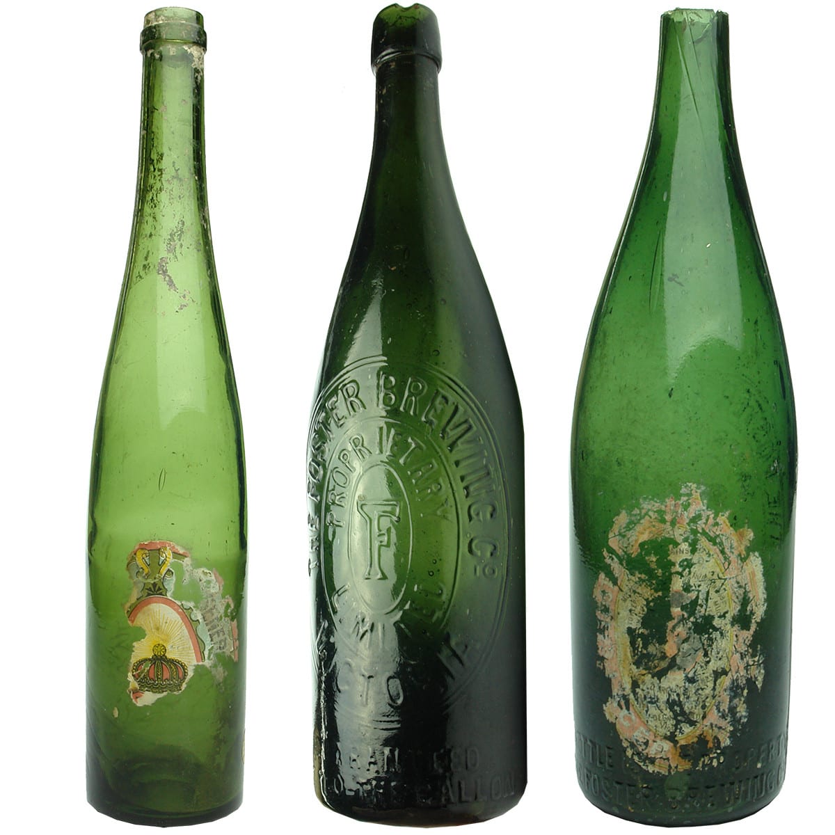 3 Foster Brewing Co bottles: Tall Hock shape with partial Topaz Pilsener label; Foster Brewing Co Victoria Fs base; Foster Brewing Co, no top but partial label. (Victoria)