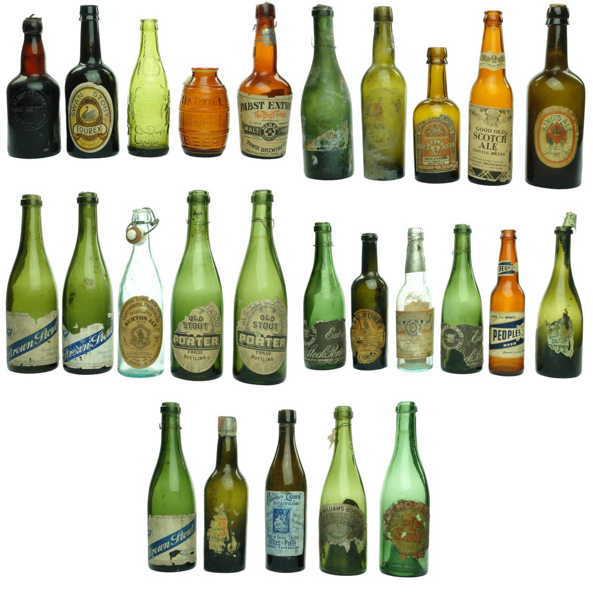 26 Labelled International Beers. There is one Swan Brewery label on an old black bottle; A lot of American and British ones. A couple of Malt bottles. Kings Ale. Early Budweiser.