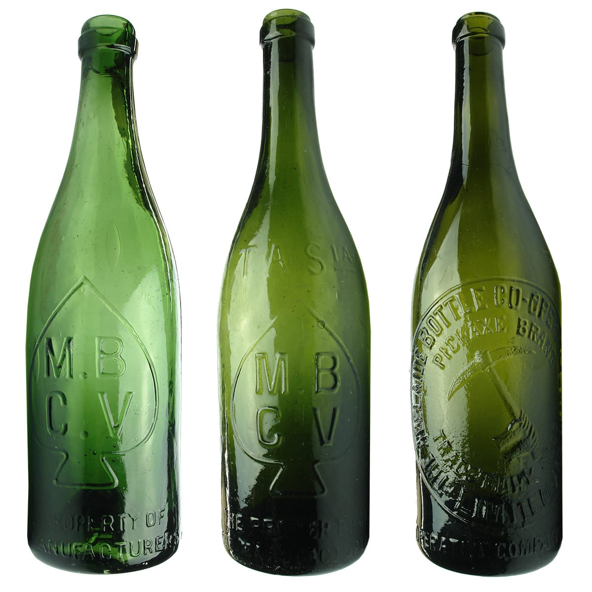 3 Ring Seal Beers: MBCV (with "A" base mark); MBCV Tasia; Adelaide Bottle Co-operative Company Pickaxe. (Victoria & South Australia)