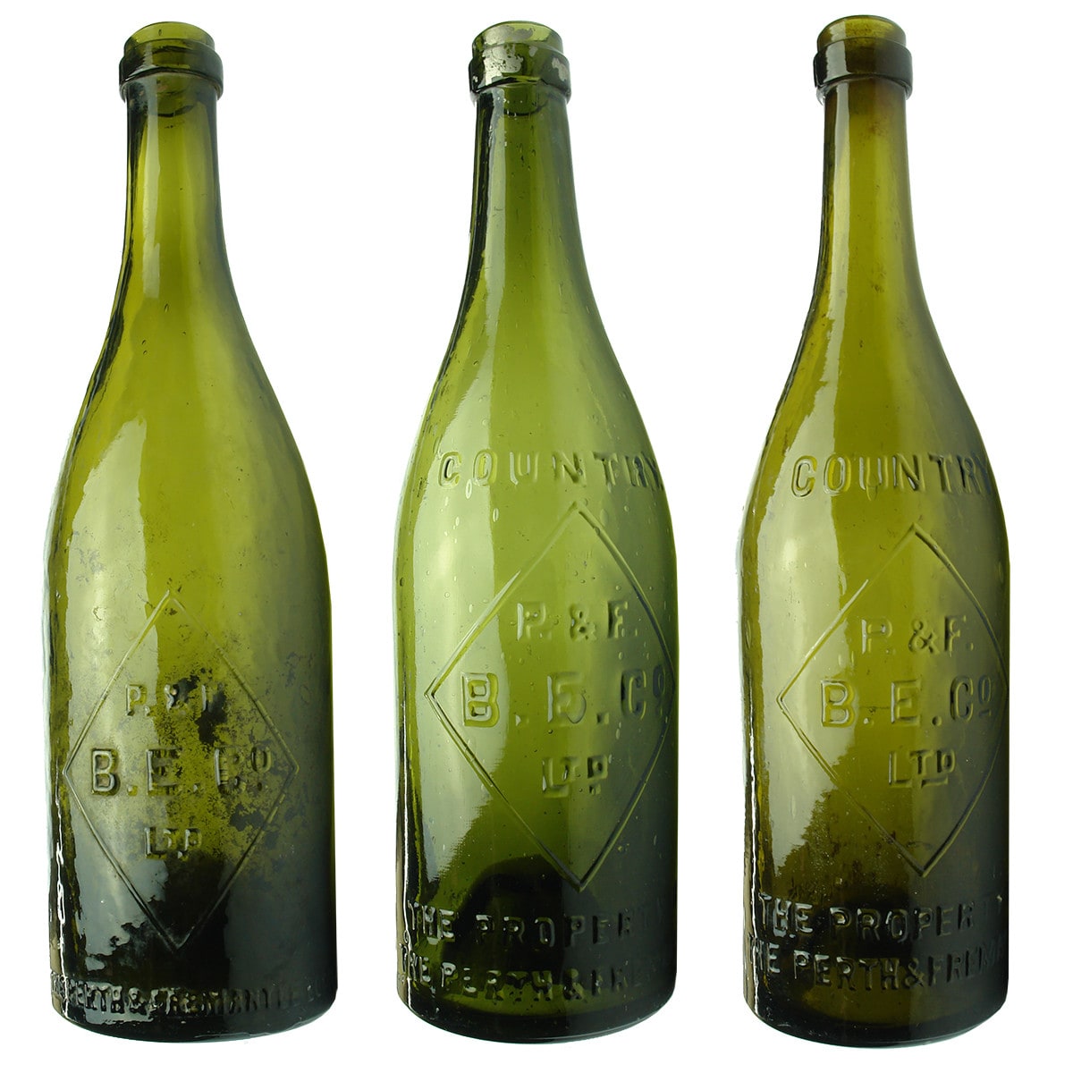 3 Ring Seal Beers: Perth & Fremantle Bottle Exchange Co. 1 x regular, 2 x variations of Country embossed. (Western Australia)