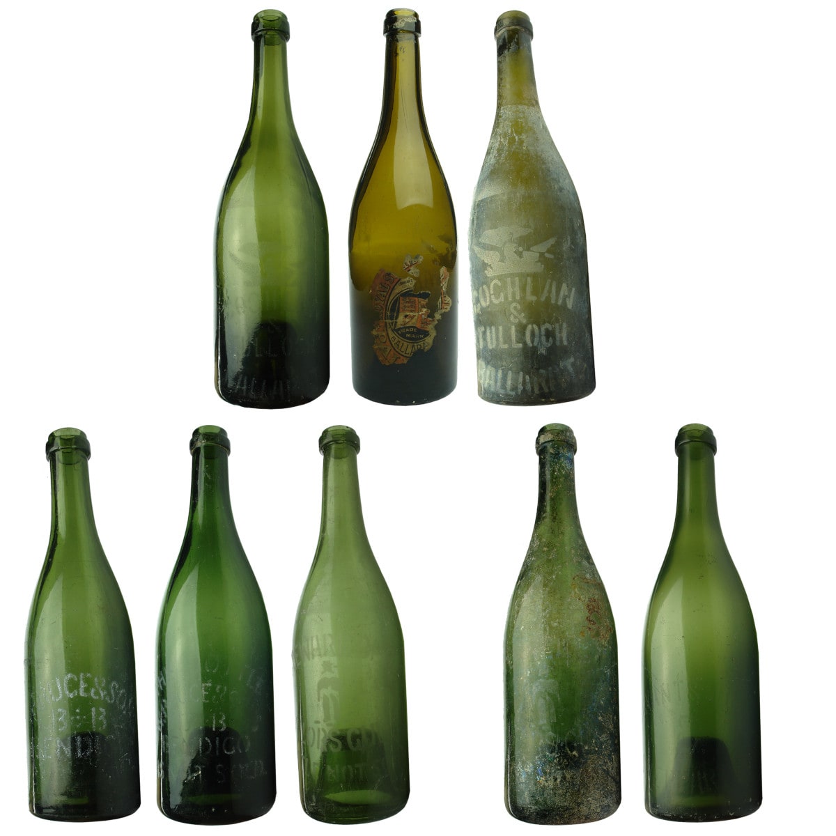 8 Sandblasted Beers: 3 x Coghlan & Tulloch Ballarat; 2 x W. Bruce & Sons Bendigo; 2 x Steward Bros Sailors Gully; Bryant & Sheil Bros Shepparton. (Victoria)