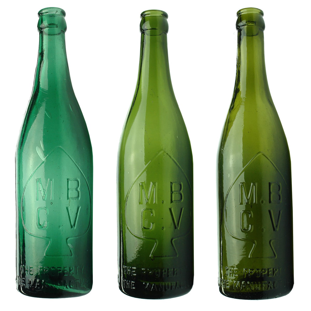 3 Half size green MBCV Beers. Manufacturers Bottle Co of Victoria. All variations. (Victoria)