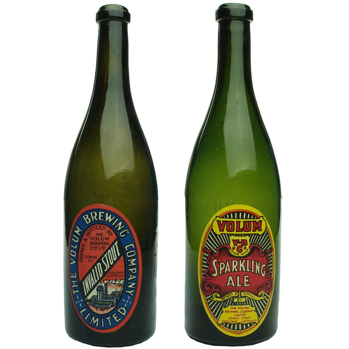 2 Beers. Both sandblasted Volum Brewing Company. Labels for Invalid Stout & Sparkling Ale (real labels but added later). (Geelong, Victoria)