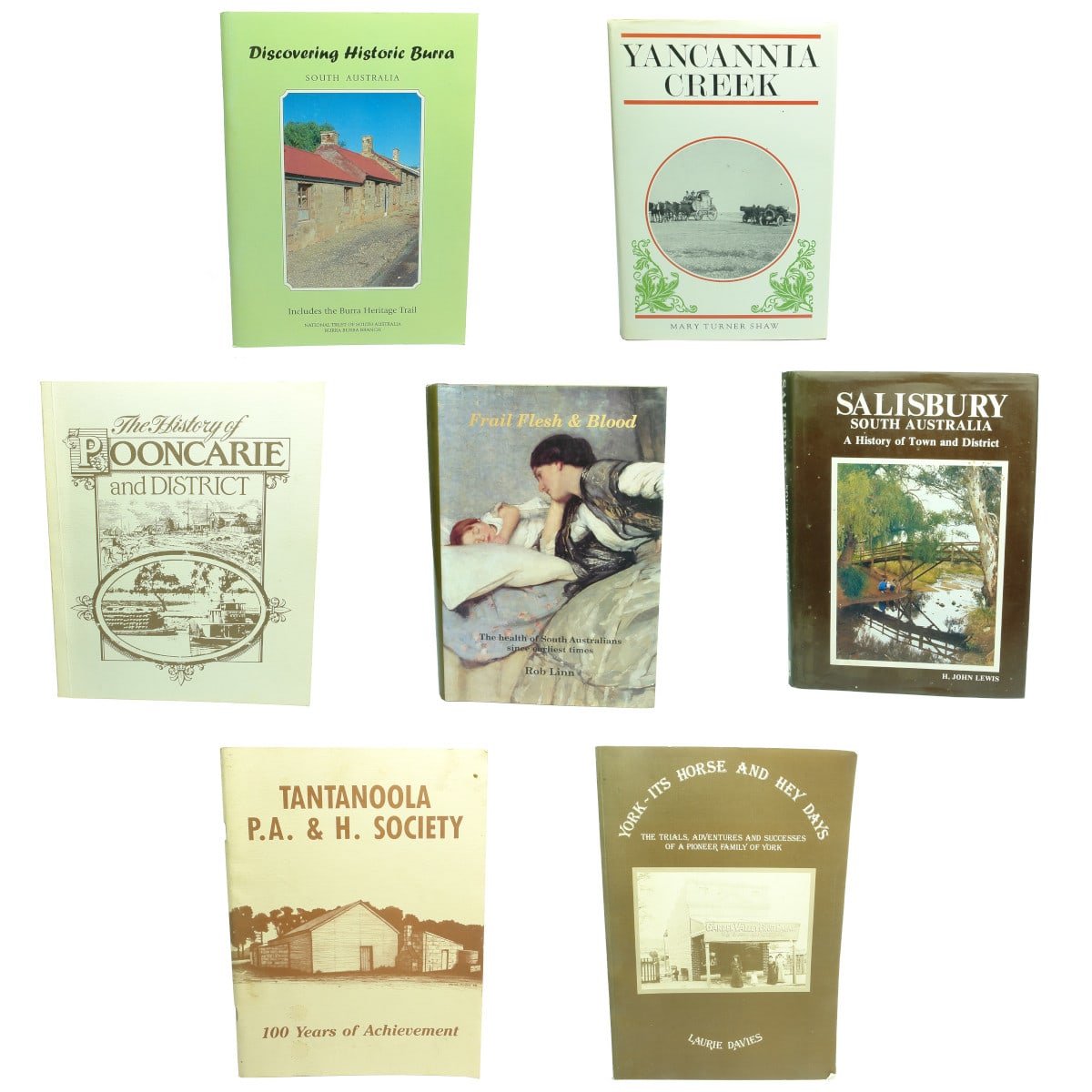 7 history books: 1. Historic Burra. 2. Yancaninna Creek. 3. Pooncarie and District; 4. Health of South Australia; 5. Salisbury; 6. Tantanoola; 7. York WA.