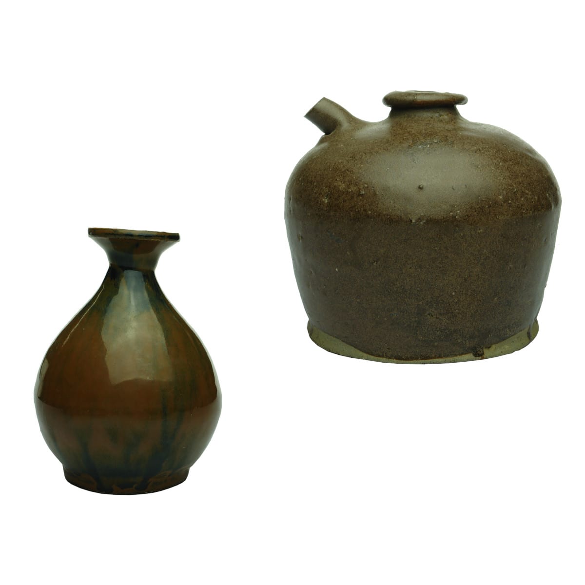 2 Chinese Pieces: Brown/Black glazed Tiger Whisky; Brown glazed Soy Sauce.