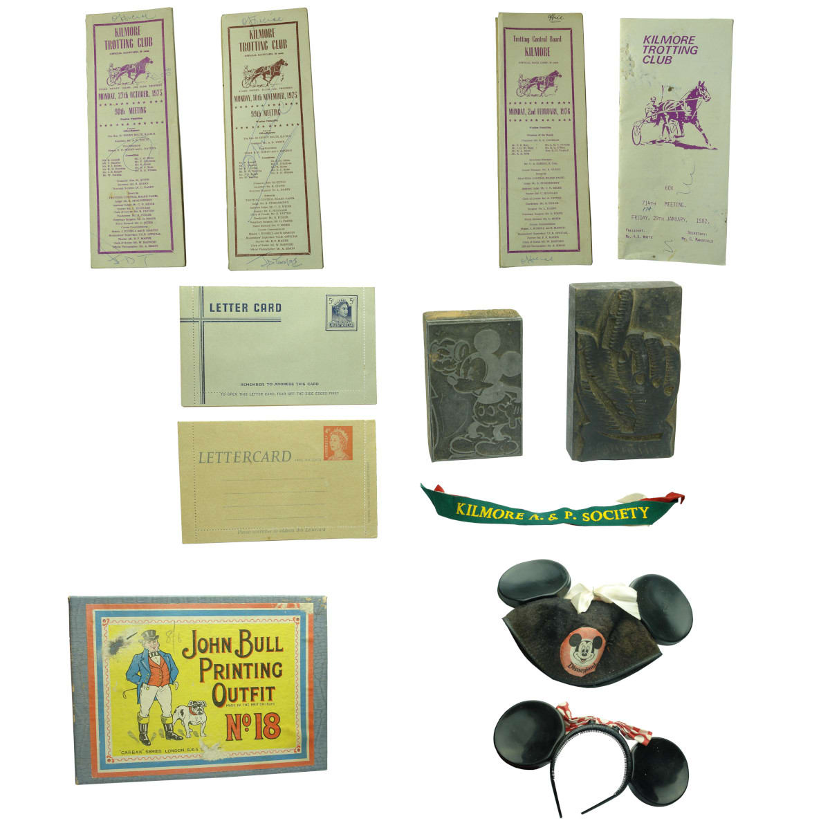 Big lot Ephemera, Printers Blocks and more. 4 Kilmore Trotting Club Official Racecards: 2 x 1975, 1976 & 1982; Letter Cards -  Australia, 5d, Queen Elizabeth II. 2. Australia, 4c, Queen Elizabeth II; Printers Blocks: 1. Mickey Mouse. 2. Bonnewell & Co. London Block with Pointing Hand; John Bull Printing Outfit No 18, Made In The British Isles. "Carbak" Series, London; Kilmore A. & P. Society Second, Third and Fourth Placce Ribbons; Disneyland Mickey Mouse Ears with Bow 1980s Embroidered Felt Hat Cap with a Second Pair of Ears on a Headband.