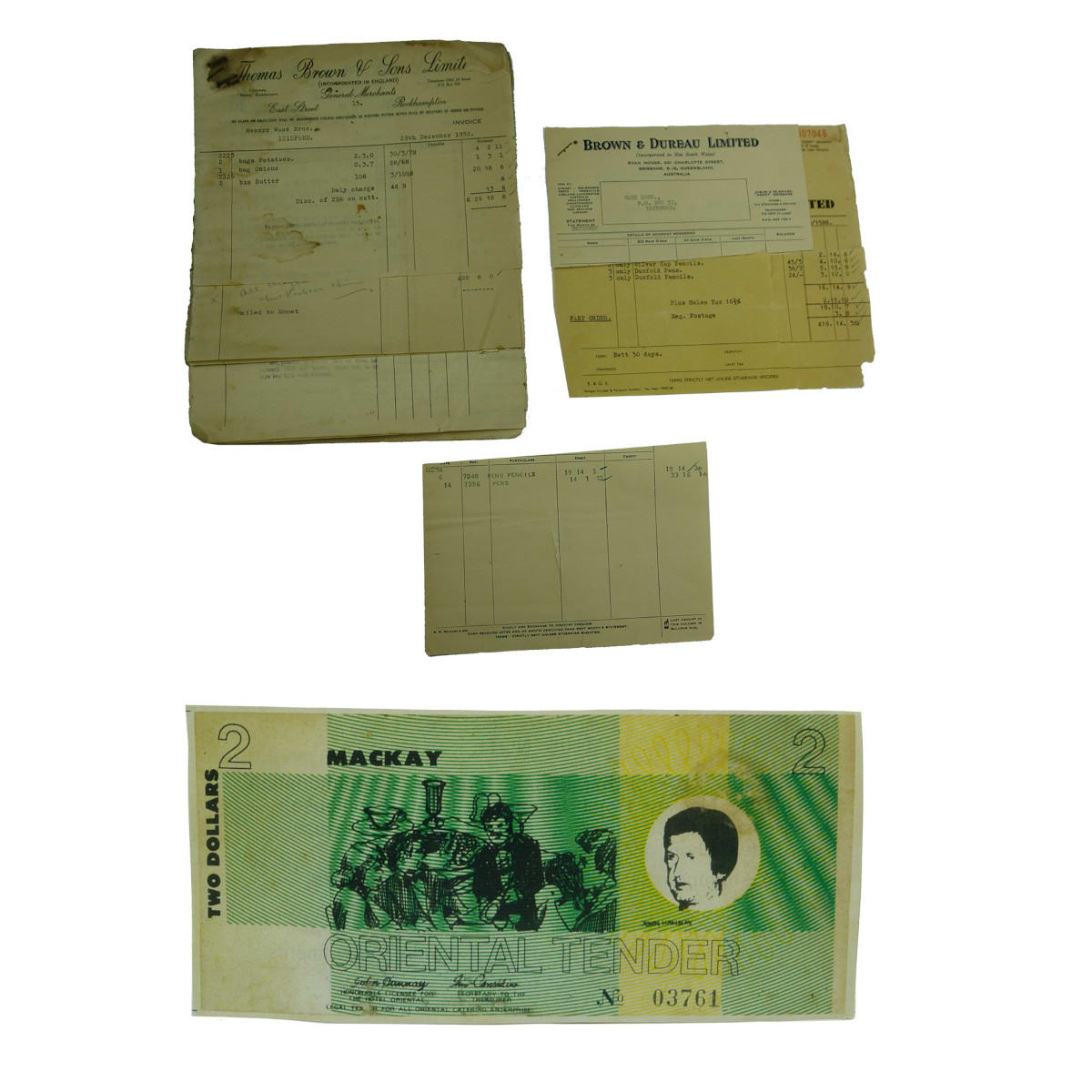 Ephemera. Thomas Brown & Sons Limited, General Merchants, East Street, Rockhampton, large selection of invoices and railage notes, continuation sheet and a Brown & Dureau Limited, Brisbane invoice. All 1950s and Two Dollar Oriental Tender, Mackay Hotel Oriental and Rockhampton Hotel Oriental and Beefeaters Arms Restaurant. (Queensland)
