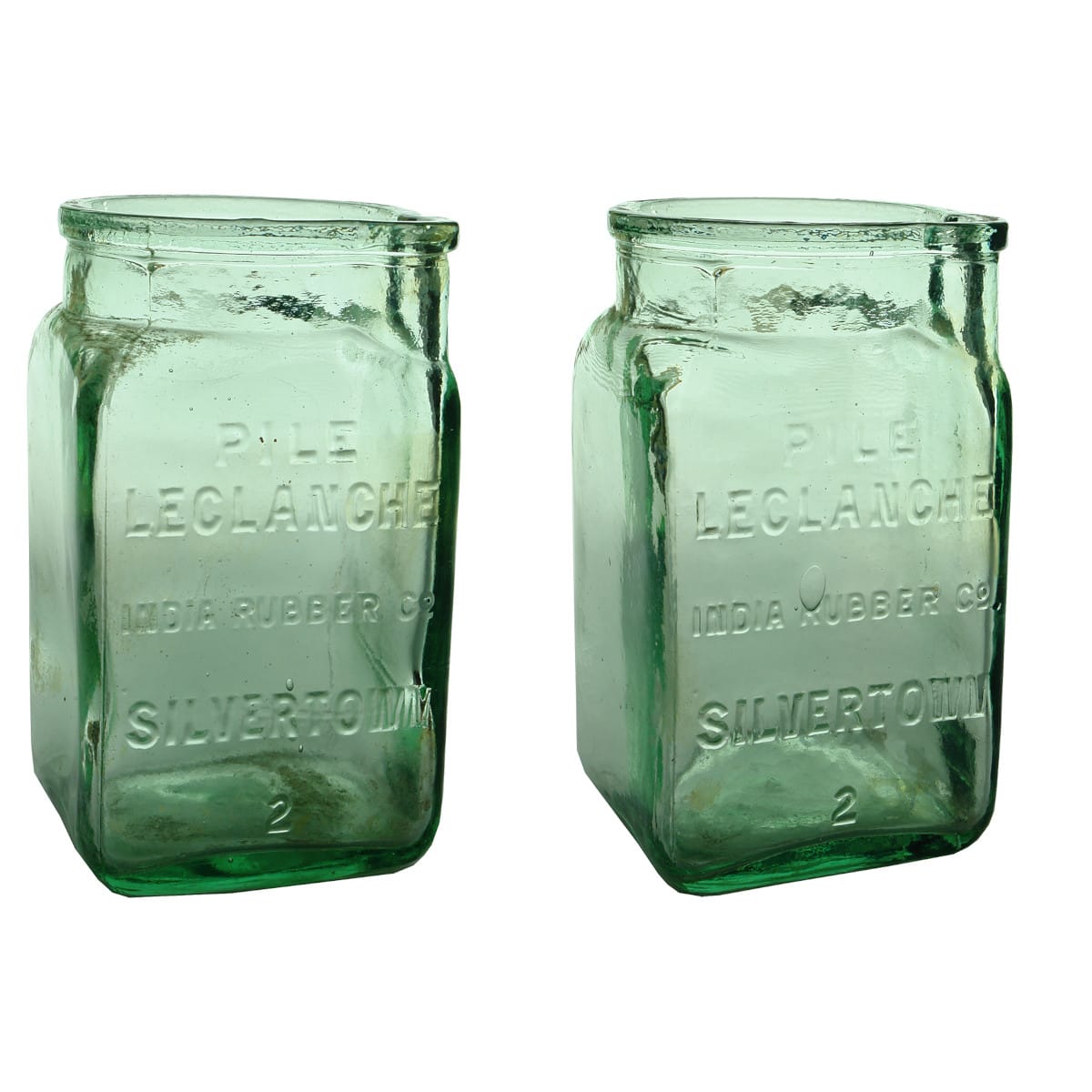 2 Glass Battery Jars. Pile Leclanche India Rubber Co Silvertown. Aqua Quart.