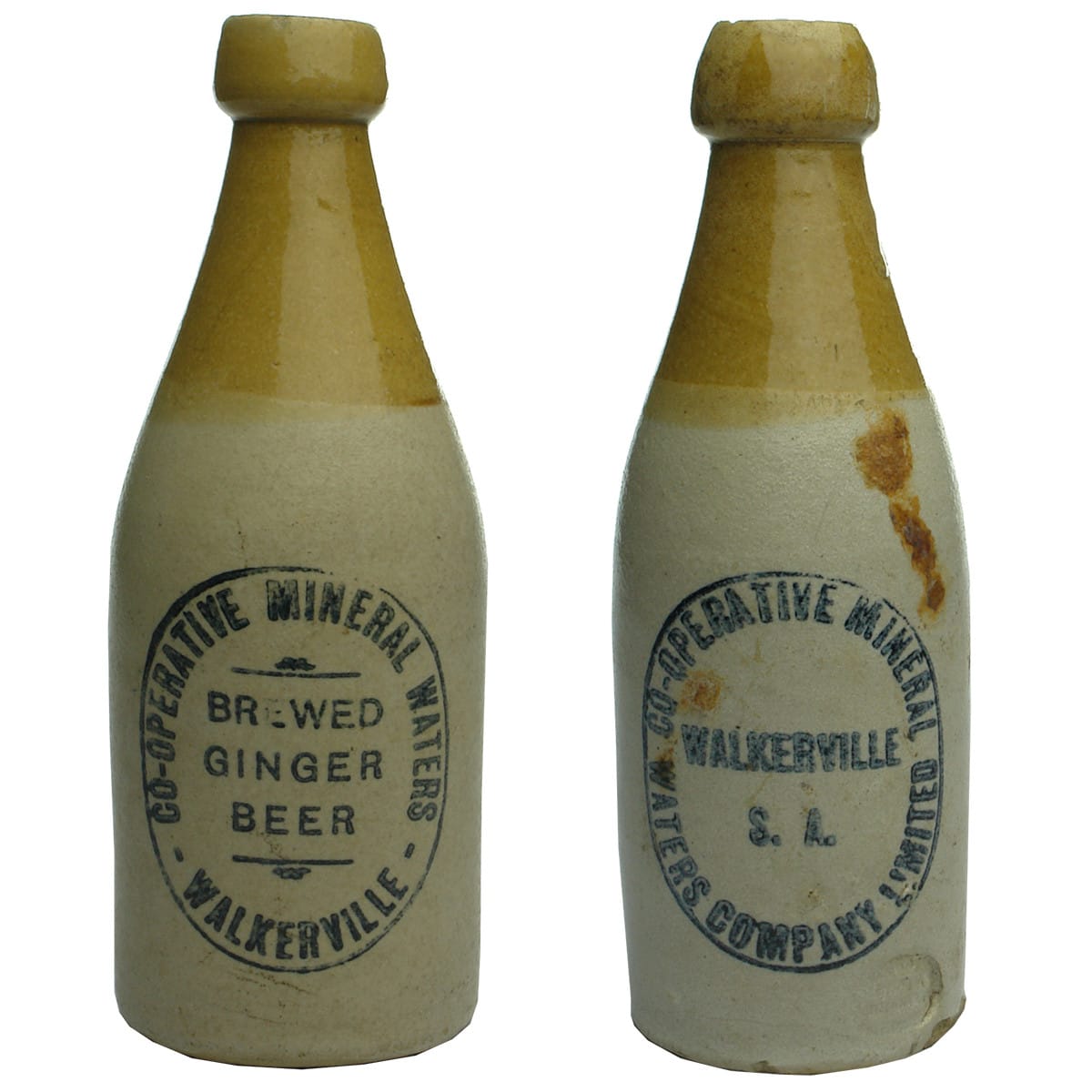 Ginger Beers: 1. Co-operative Mineral Waters, Walkerville. Pinnacle Brand. 2. Co-operative Mineral Waters Company Limited, Walkerville. Bendigo Pottery. (South Australia)