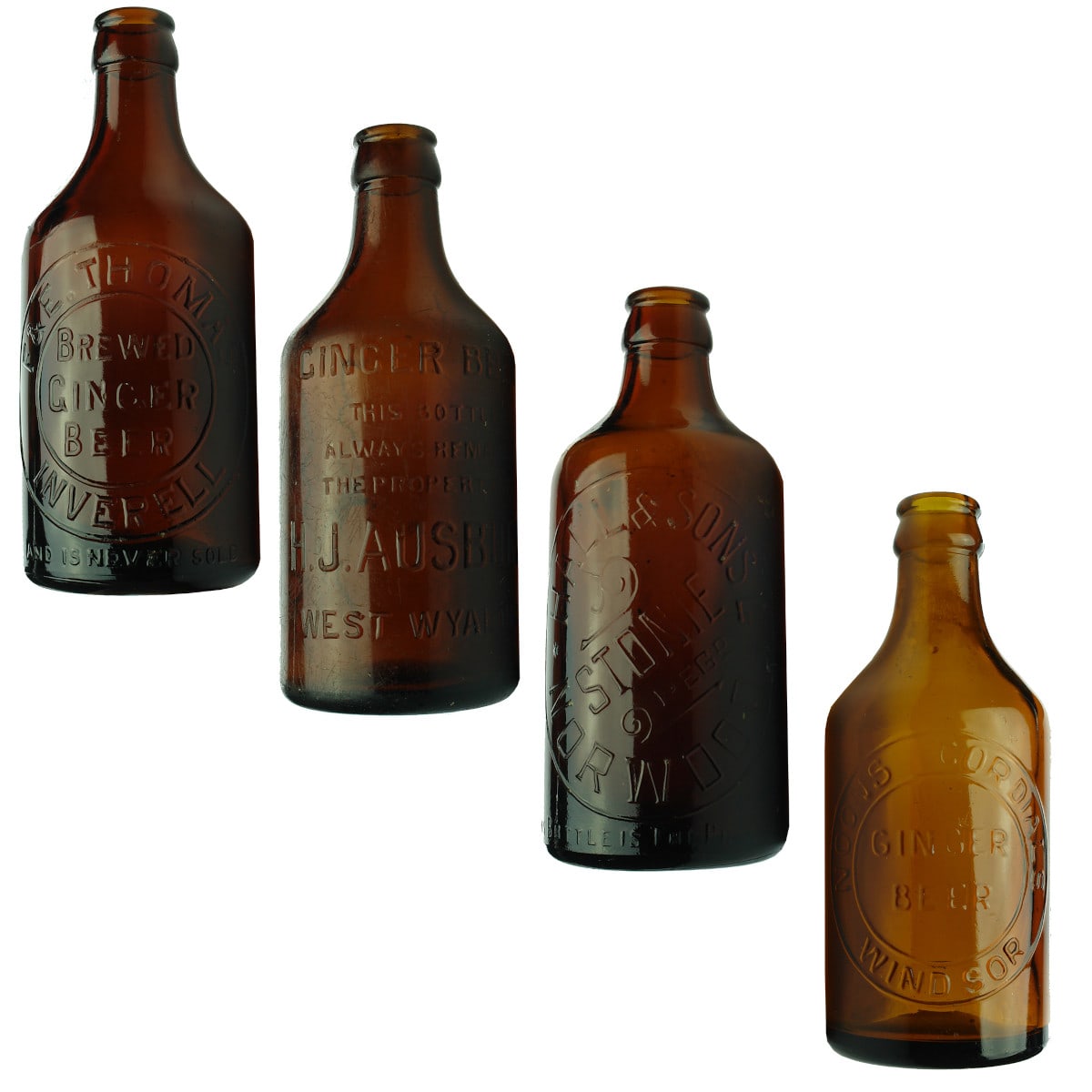 4 Glass Ginger Beers: F & E. Thomas, Inverell; H. J. Ausburn, West Wyalong; Hall & Sons Ltd Norwood; Noons Cordials Windsor. (New South Wales & South Australia)
