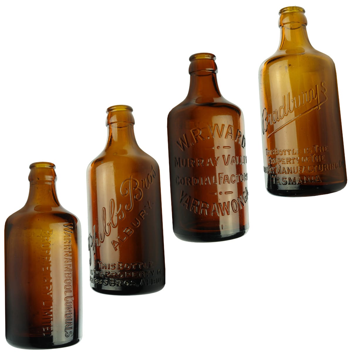 4 Crown Seal Glass Ginger Beers: Warrnambool Cordials; Phibbs Bros, Albury; W. R. Ward, Yarrawonga; Bradbury's Bradbury Manufacturing Tasmania.