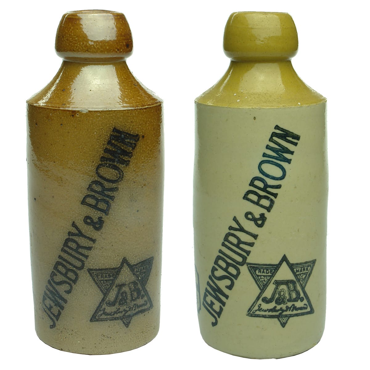 2 Ginger Beers. Jewsbury & Brown. J & B in a Star. Salt Glaze & Tan top. (UK)