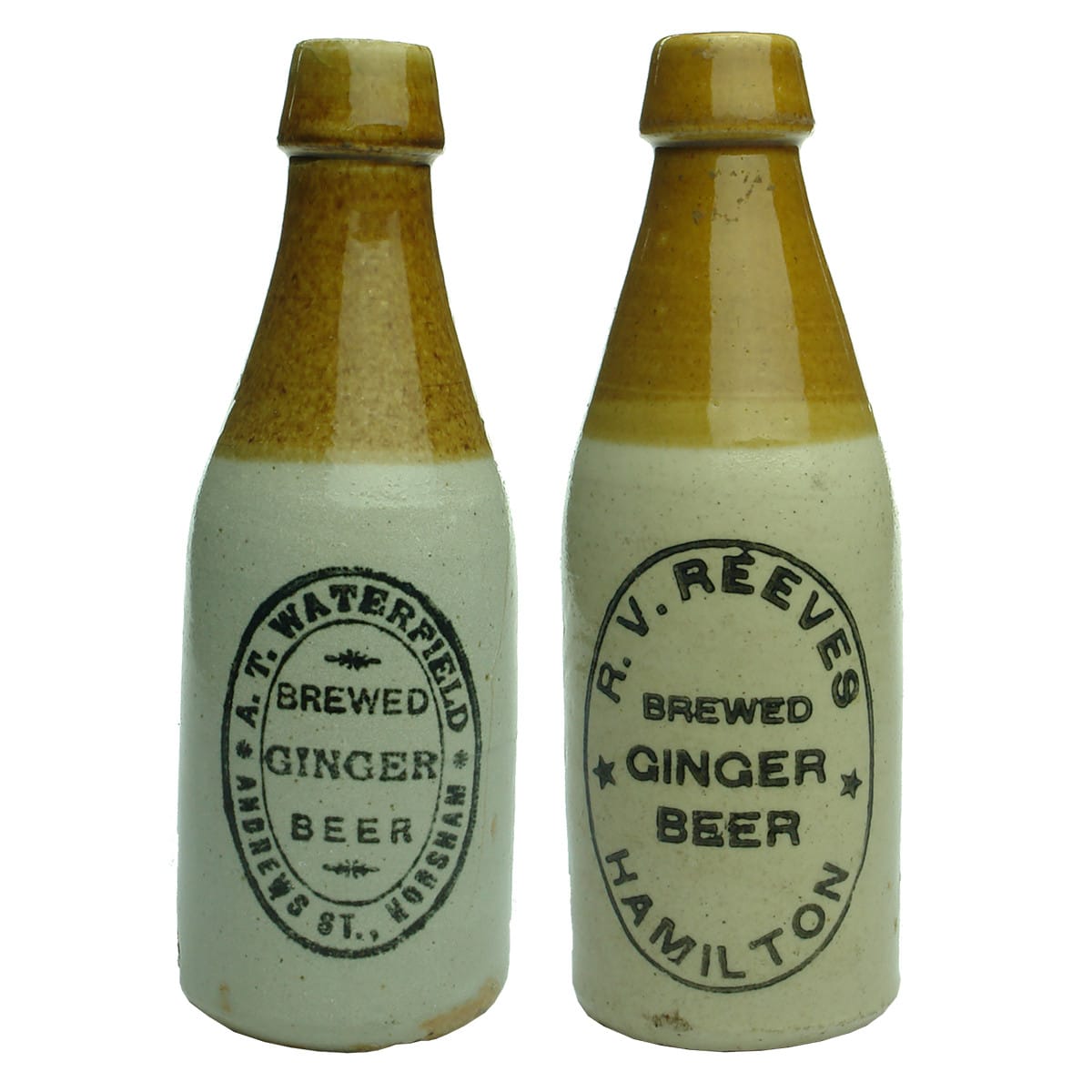 Pair of Ginger Beers: A. T. Waterfield, Andrews St., Horsham; R. V. Reeves, Hamilton. (Victoria)