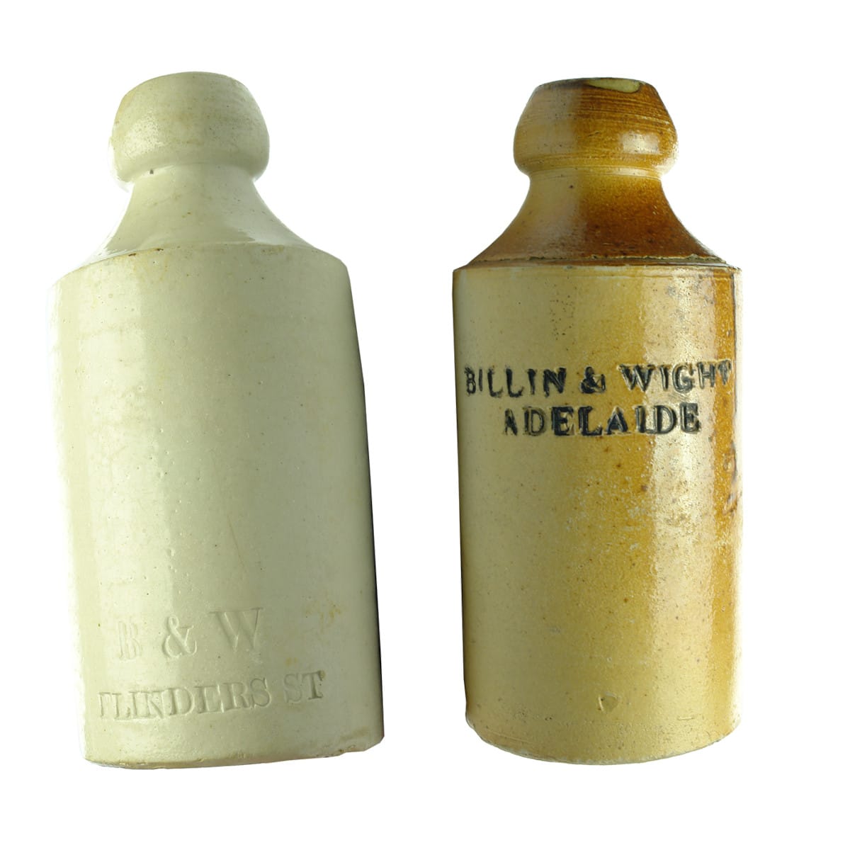 2 Ginger Beers. B & W, Flinders St; Billin & Wight, Adelaide (bigger print in middle) Doulton Lambeth. (South Australia)