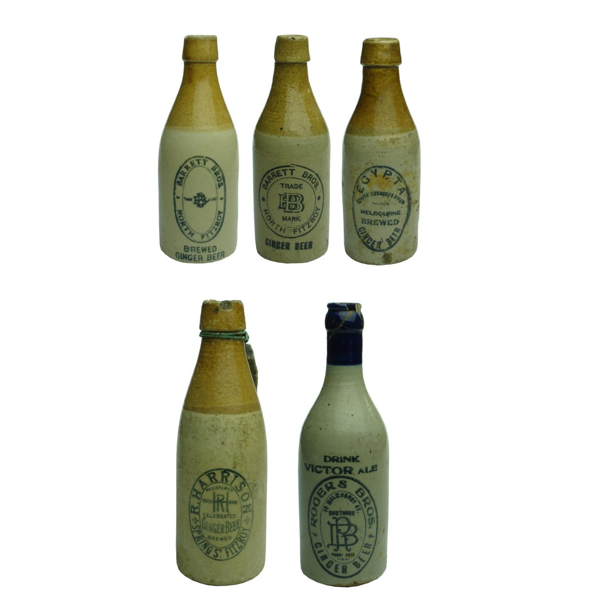 5 Melbourne Ginger Beers: 2 x Barrett Bros, North Fitzroy; Egypta Products; R. Harrison; Rogers Bros, Hawthorn. (Victoria)