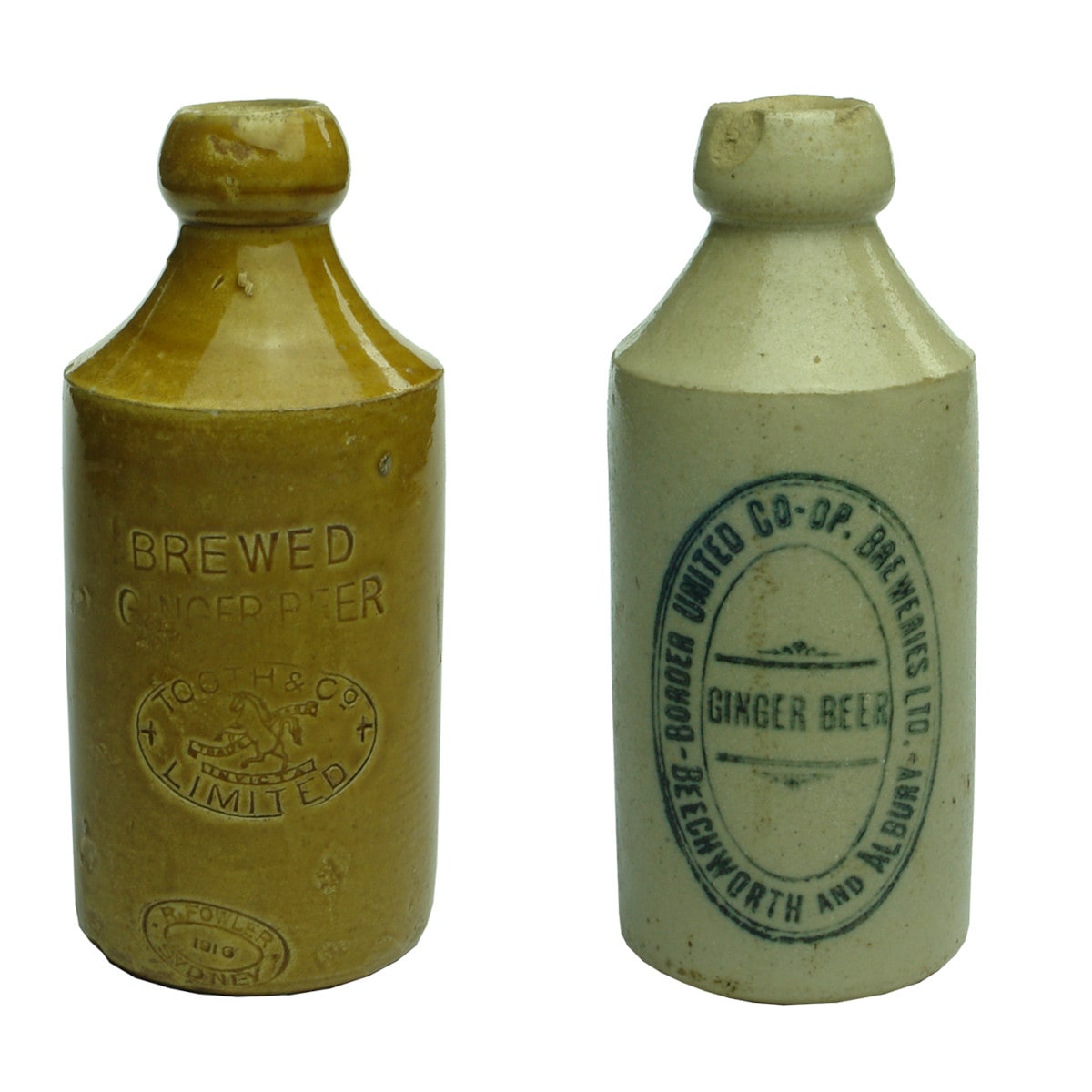 2 Ginger Beers. Tooth & Co Limited. Impressed. Dump. All Tan; Border United Co-Op. Breweries Ltd., Beechworth and Albury. Dump. All White. (New South Wales & Victoria)