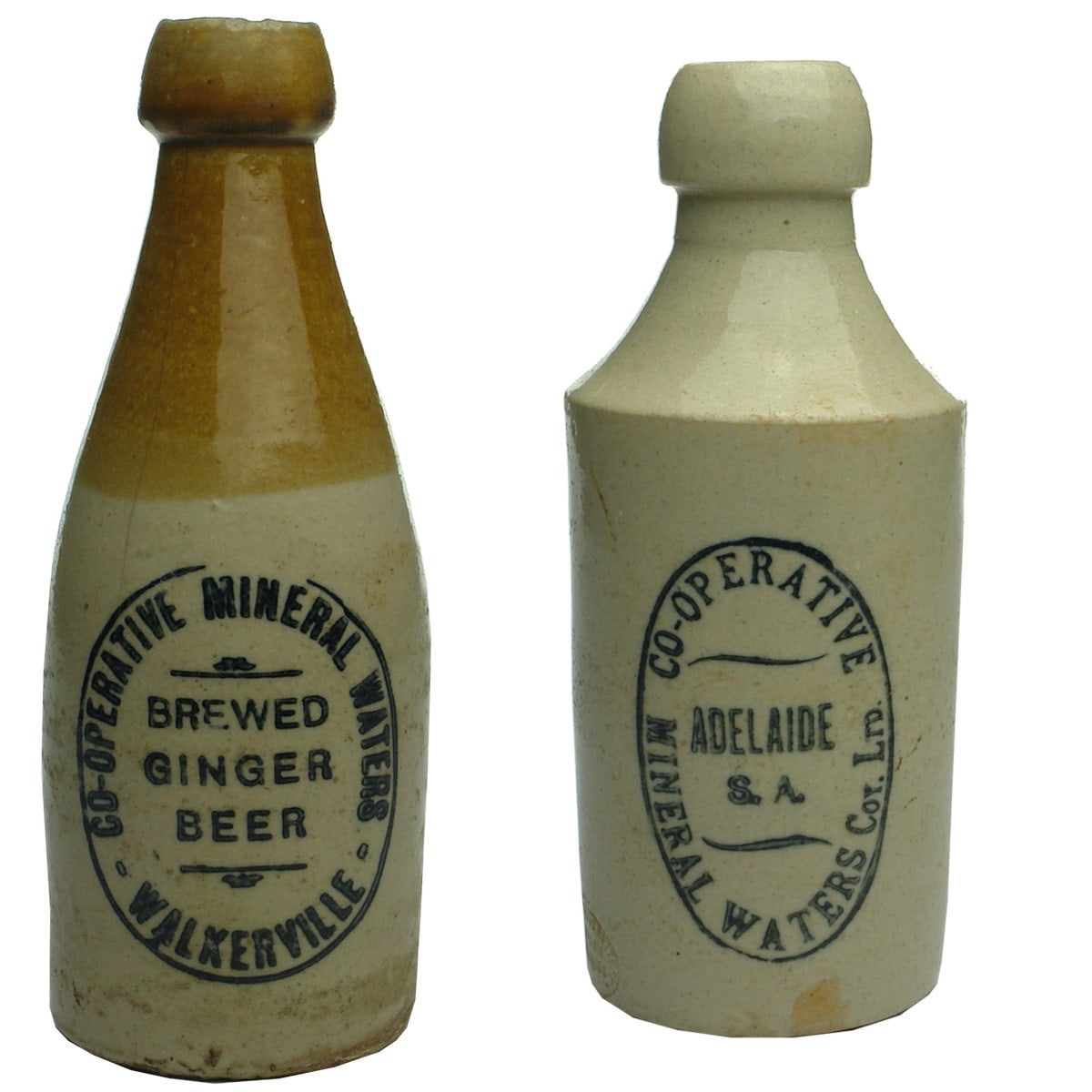 2 Ginger Beers. Co-operative Mineral Waters, Walkerville. Champagne; Co-operative Mineral Waters Coy Ltd, Adelaide. All White. Dump. (South Australia)